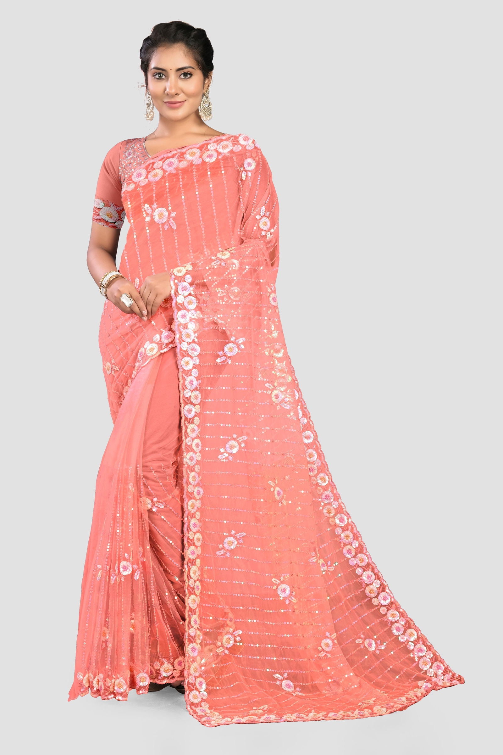 Pink Stonework Net Saree - KAJREE