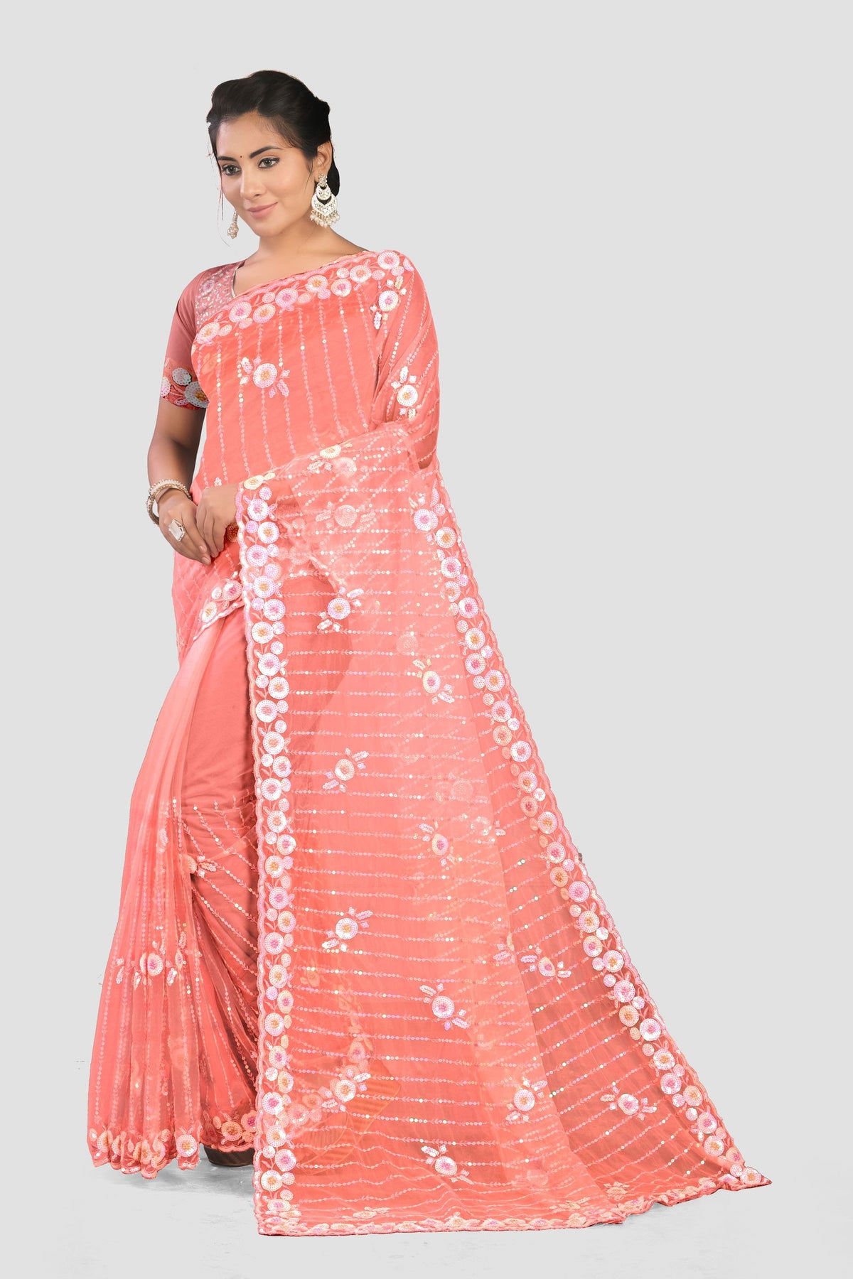 Pink Stonework Net Saree - KAJREE