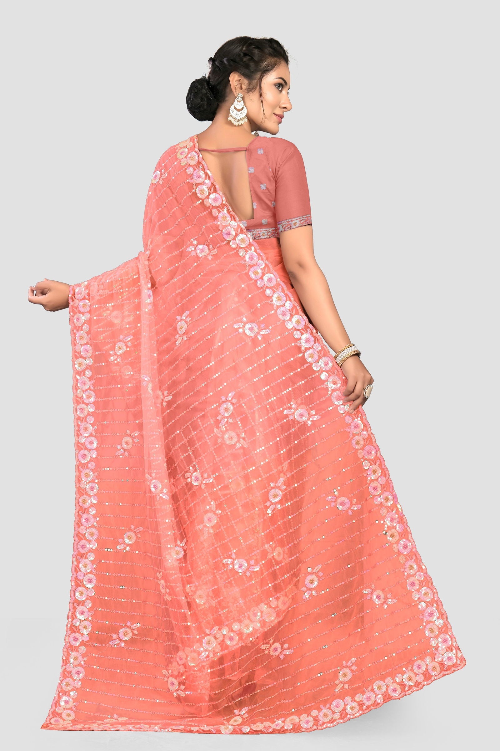 Pink Stonework Net Saree - KAJREE