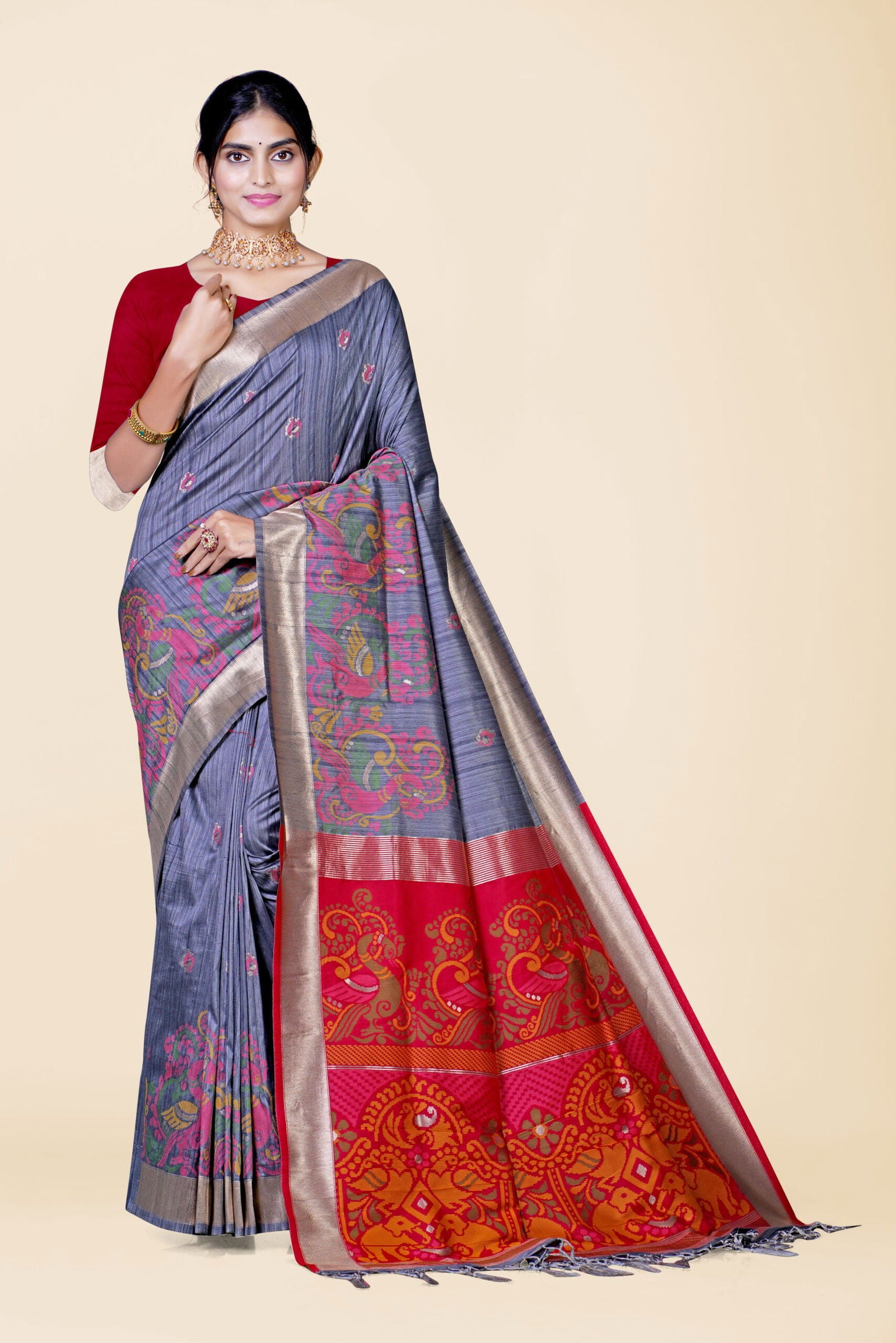 Grey Reshamwork Tussar Silk Saree - KAJREE