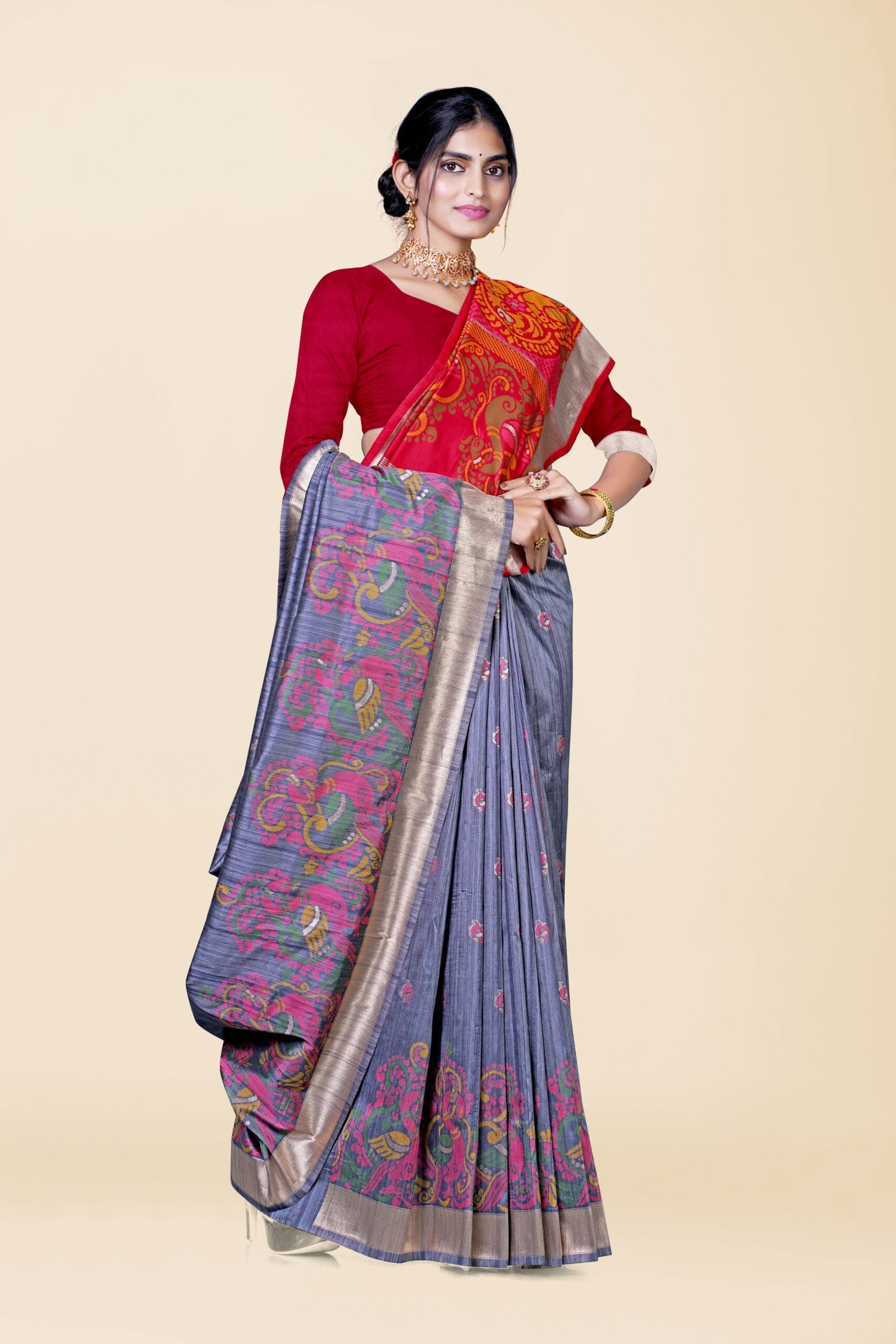 Grey Reshamwork Tussar Silk Saree - KAJREE