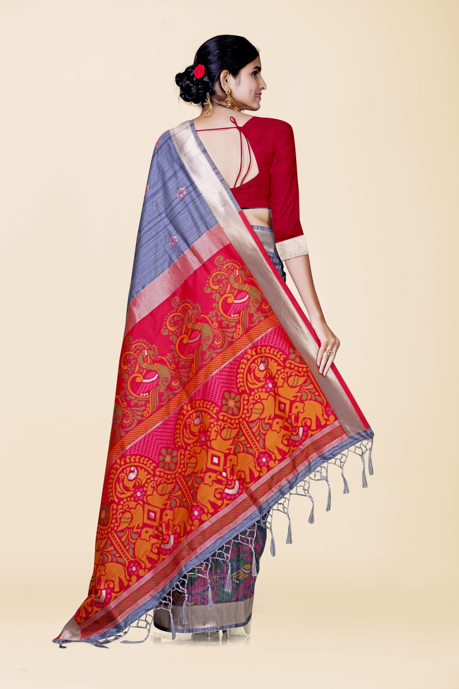 Grey Reshamwork Tussar Silk Saree - KAJREE