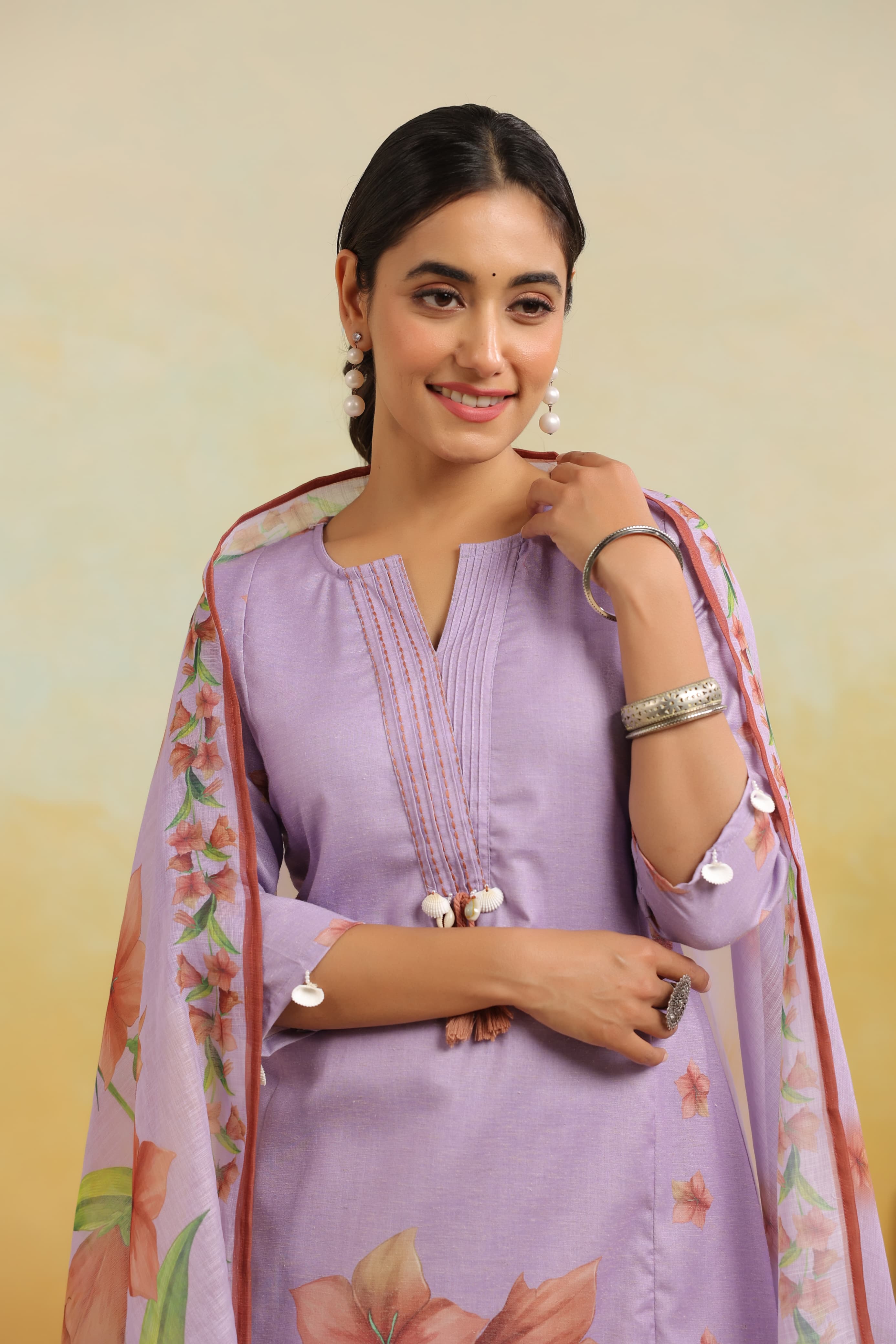 Lavender Threadwork & Bock Print Cotton Kurta Set - Kajree 