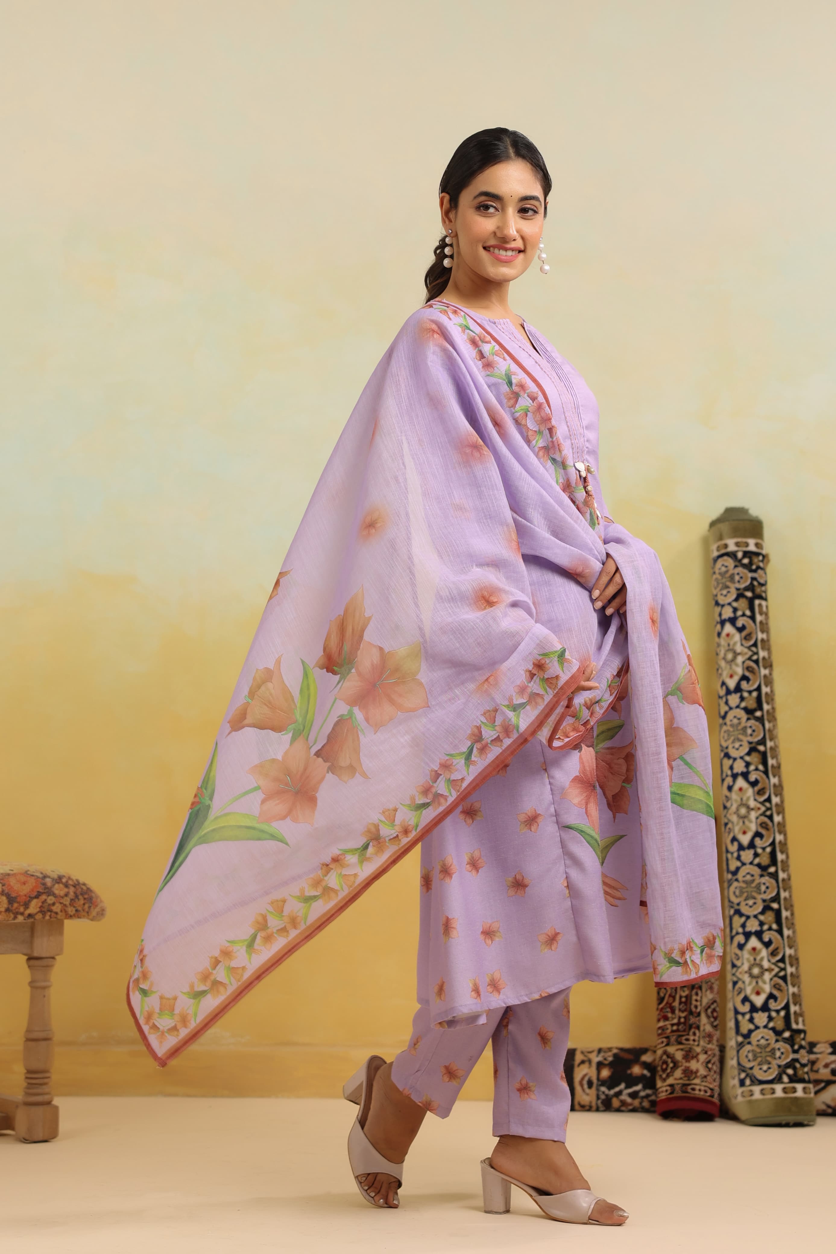 Lavender Threadwork & Bock Print Cotton Kurta Set - Kajree 