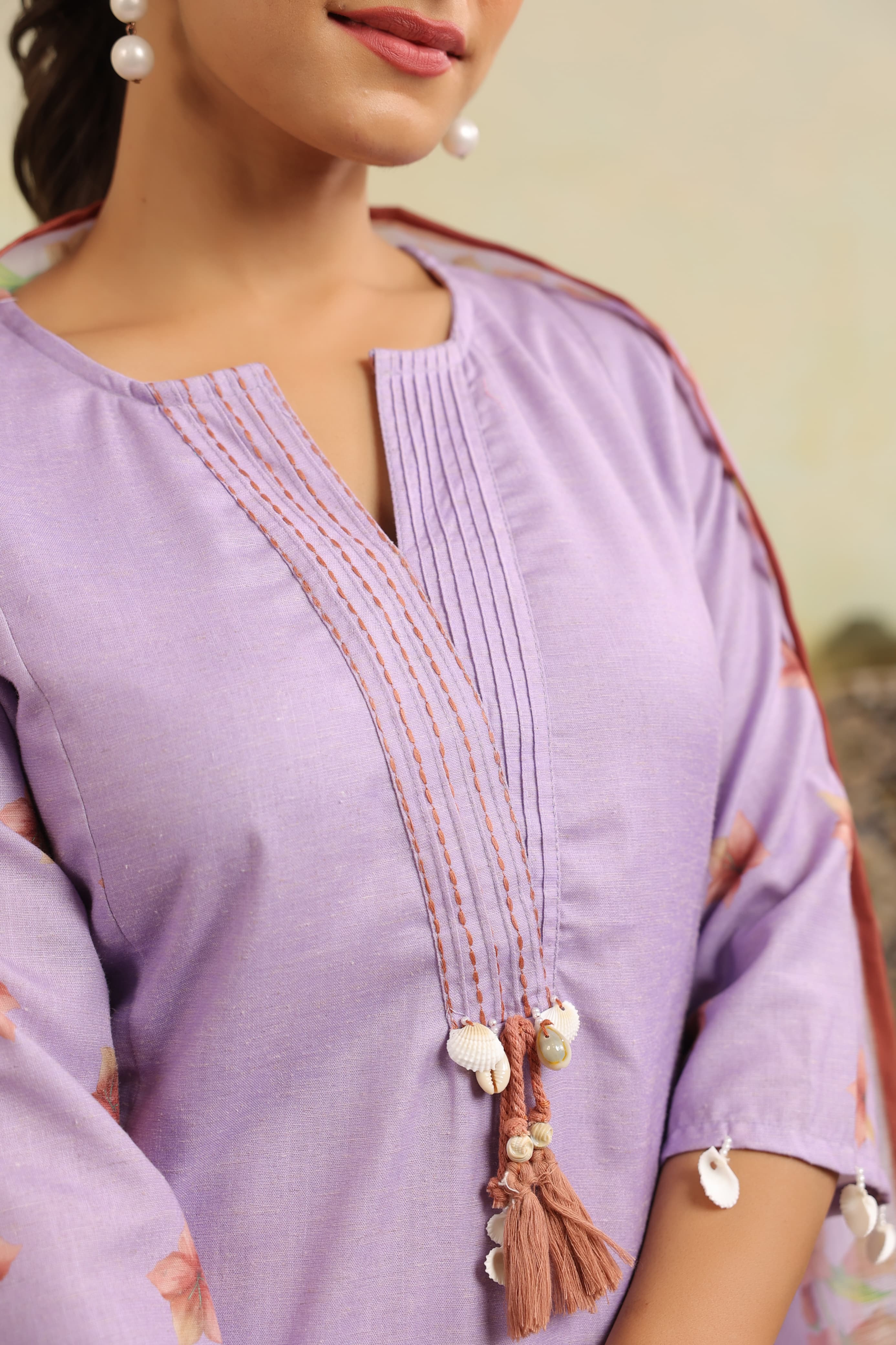 Lavender Threadwork & Bock Print Cotton Kurta Set 