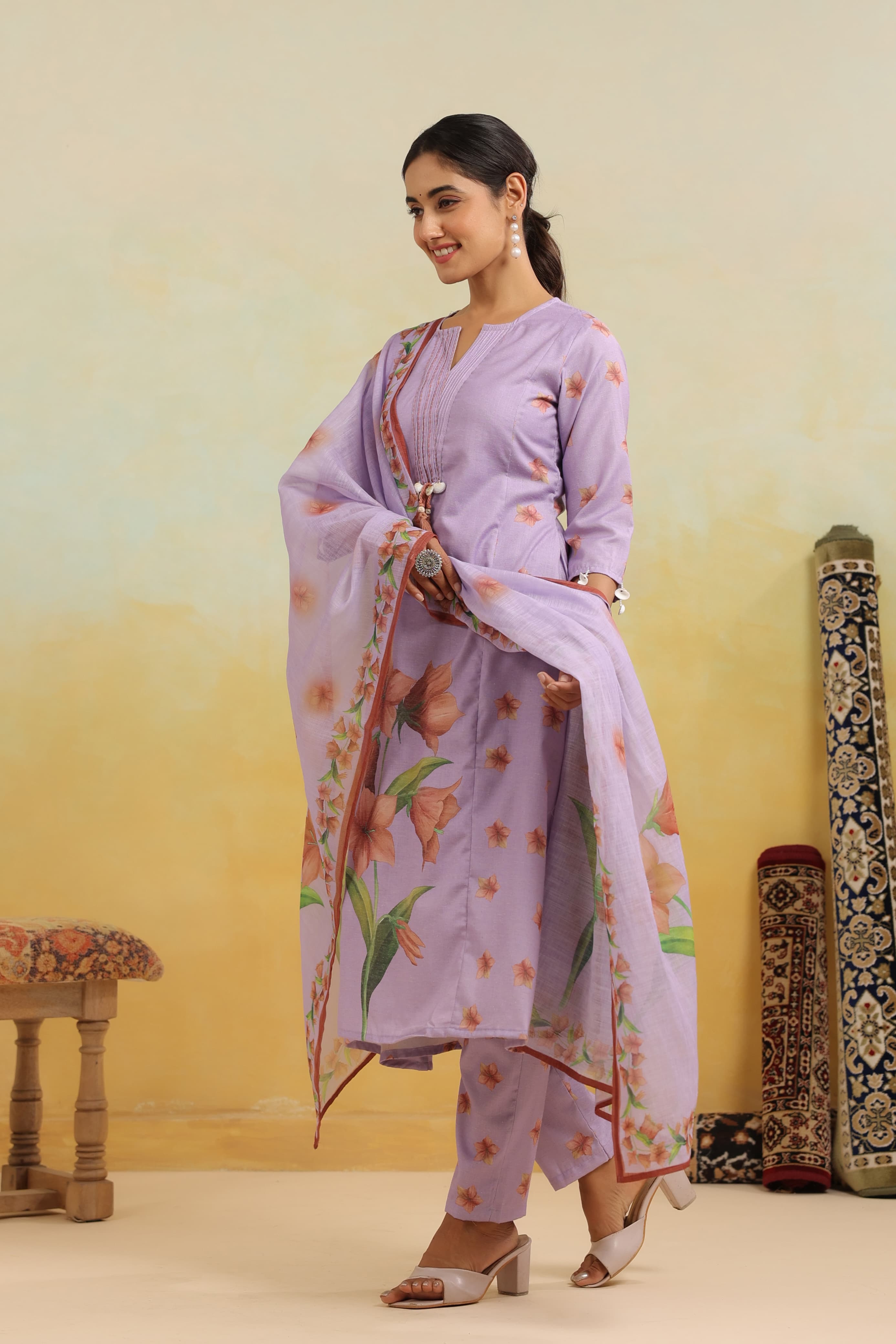 Lavender Threadwork & Bock Print Cotton Kurta Set - Kajree 