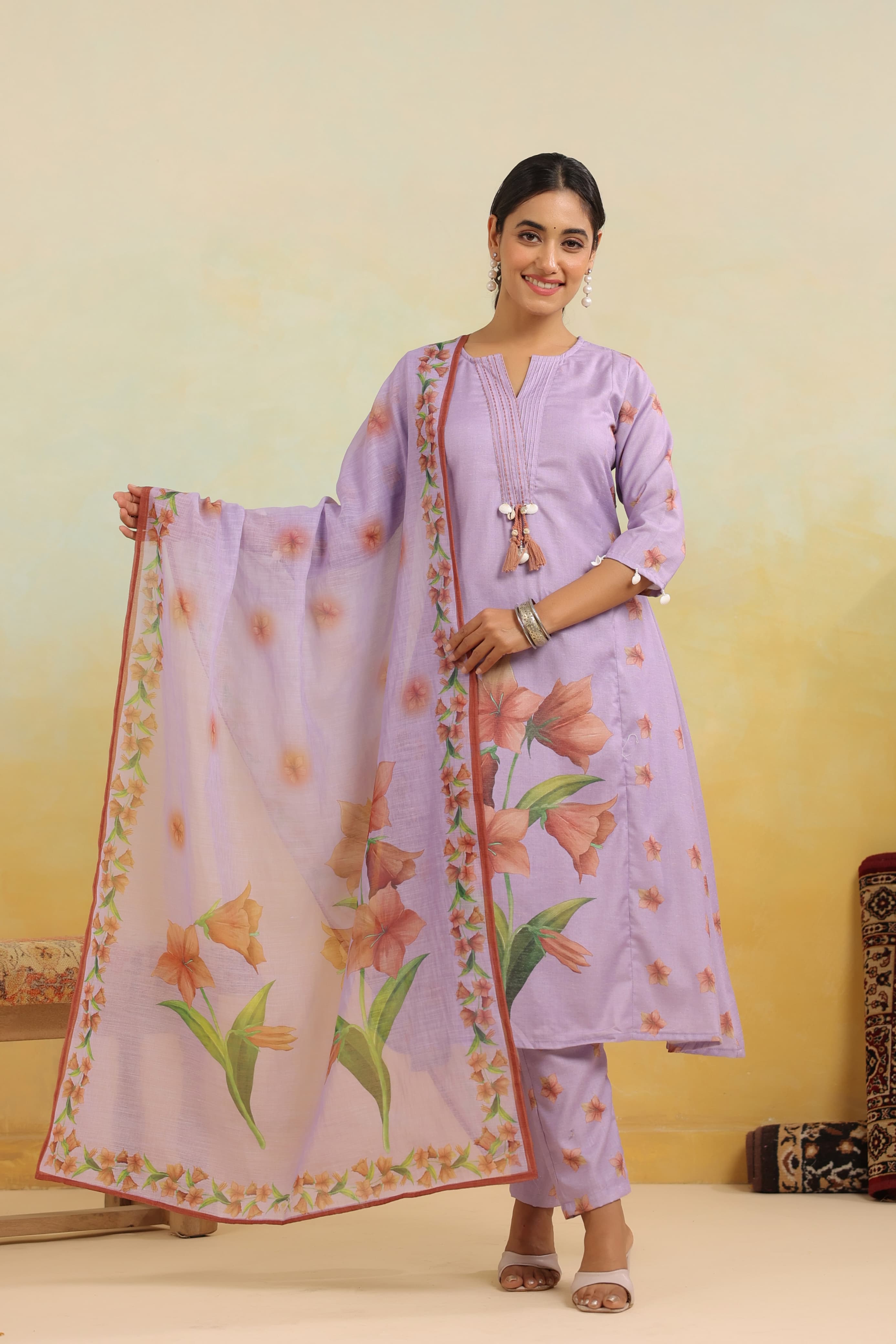 Lavender Threadwork & Bock Print Cotton Kurta Set -Kajree