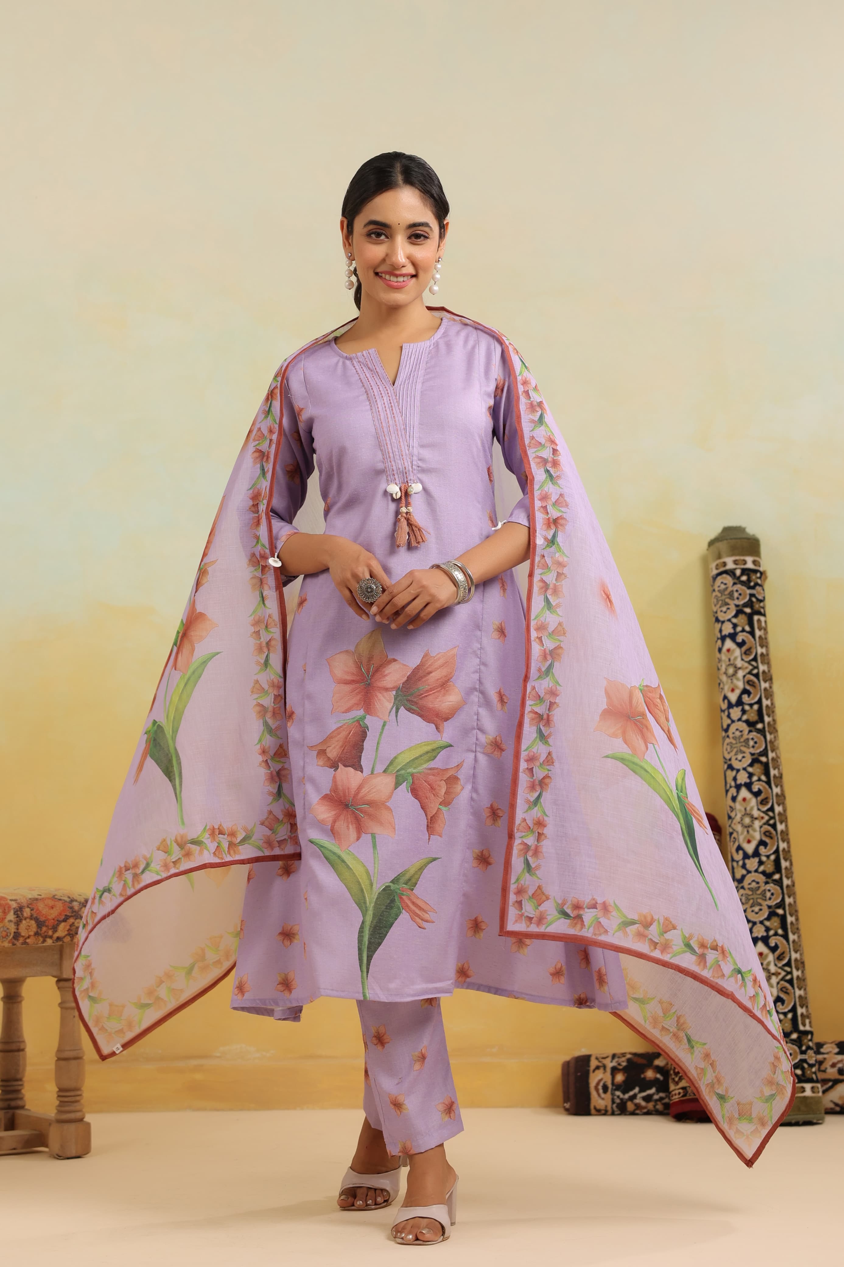 Lavender Threadwork & Bock Print Cotton Kurta Set - Kajree