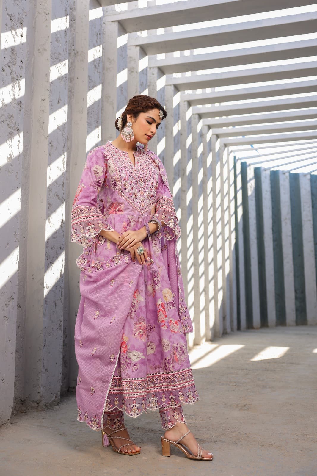Lavender Embriodered Block print cotton kurta set - Kajree 