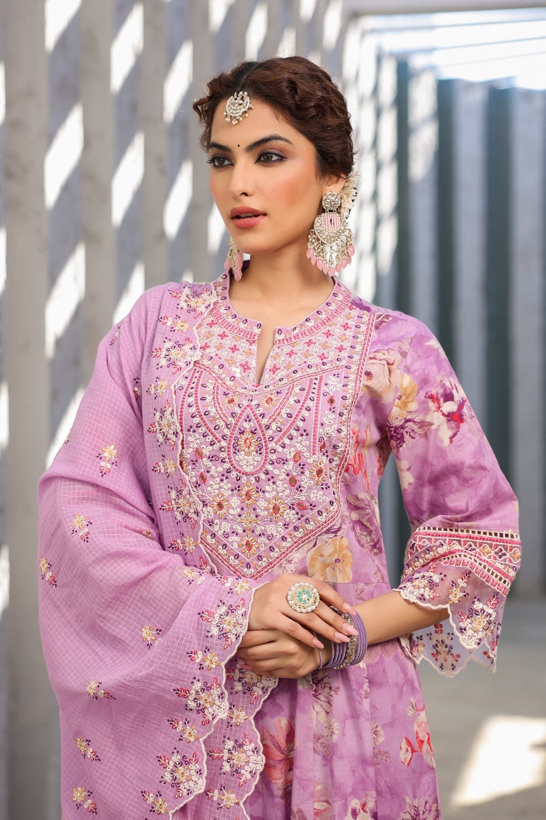 Lavender Embriodered Block print cotton kurta set - Kajree 