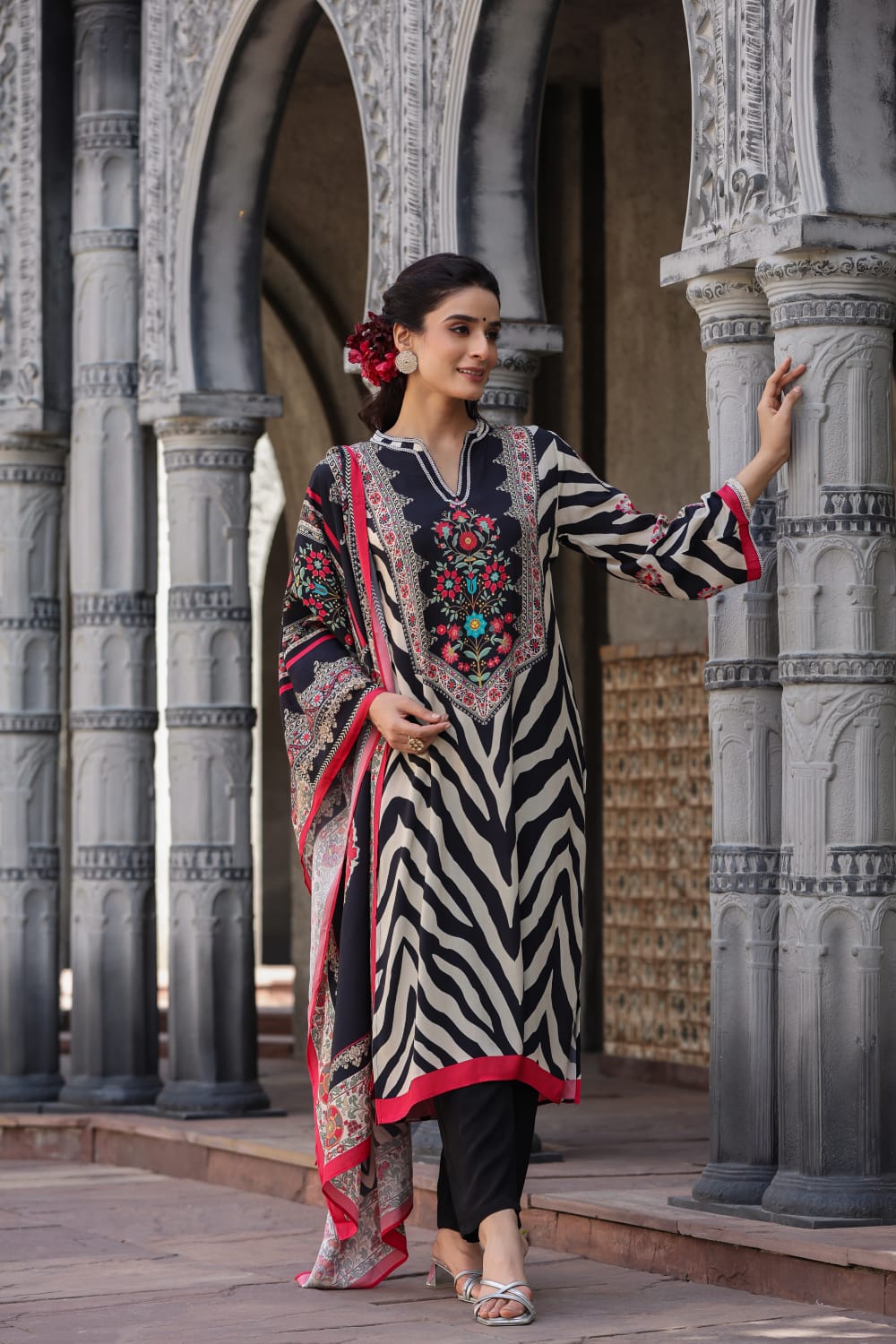 Black Block Printed Silk Kurta Set - Kajree