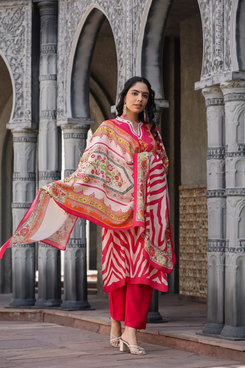 Pink Block Printed Silk Kurta Set - Kajree