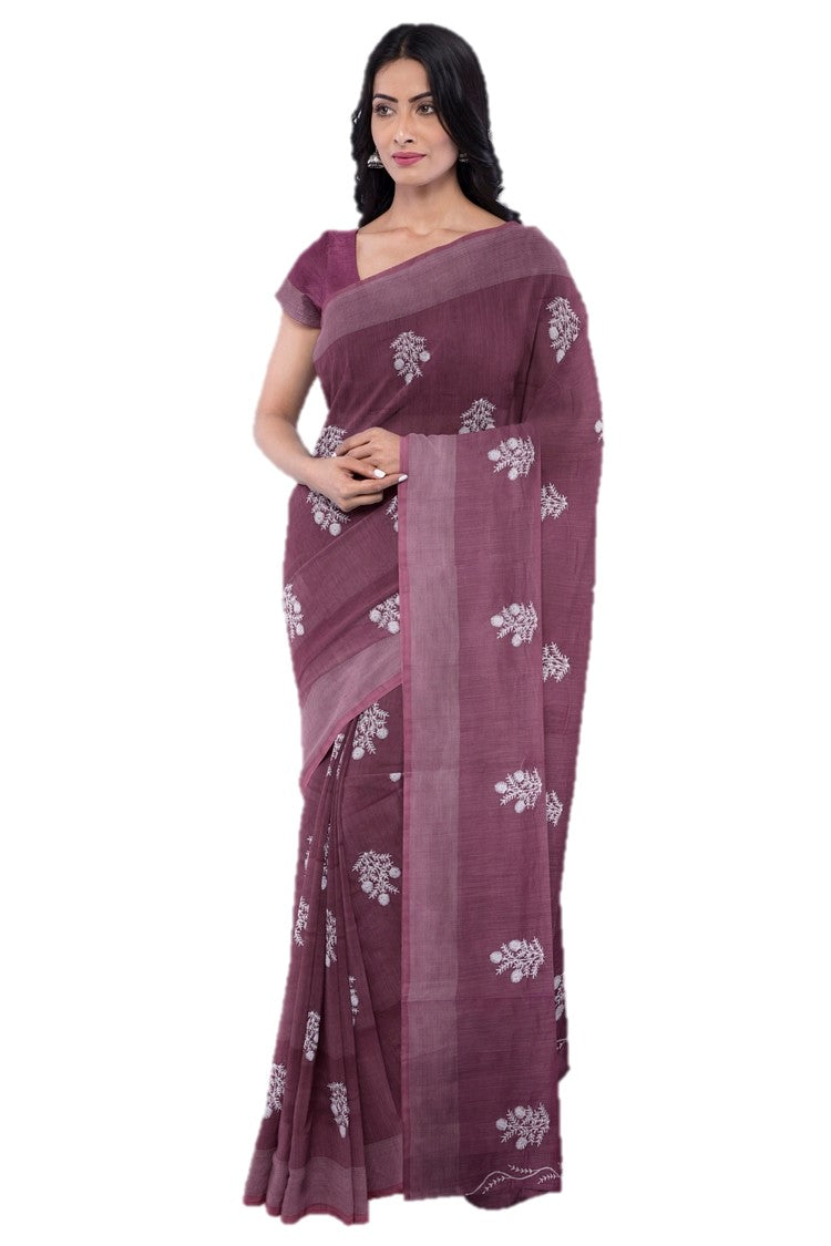 Magenta Threadwork Linen Saree - KAJREE