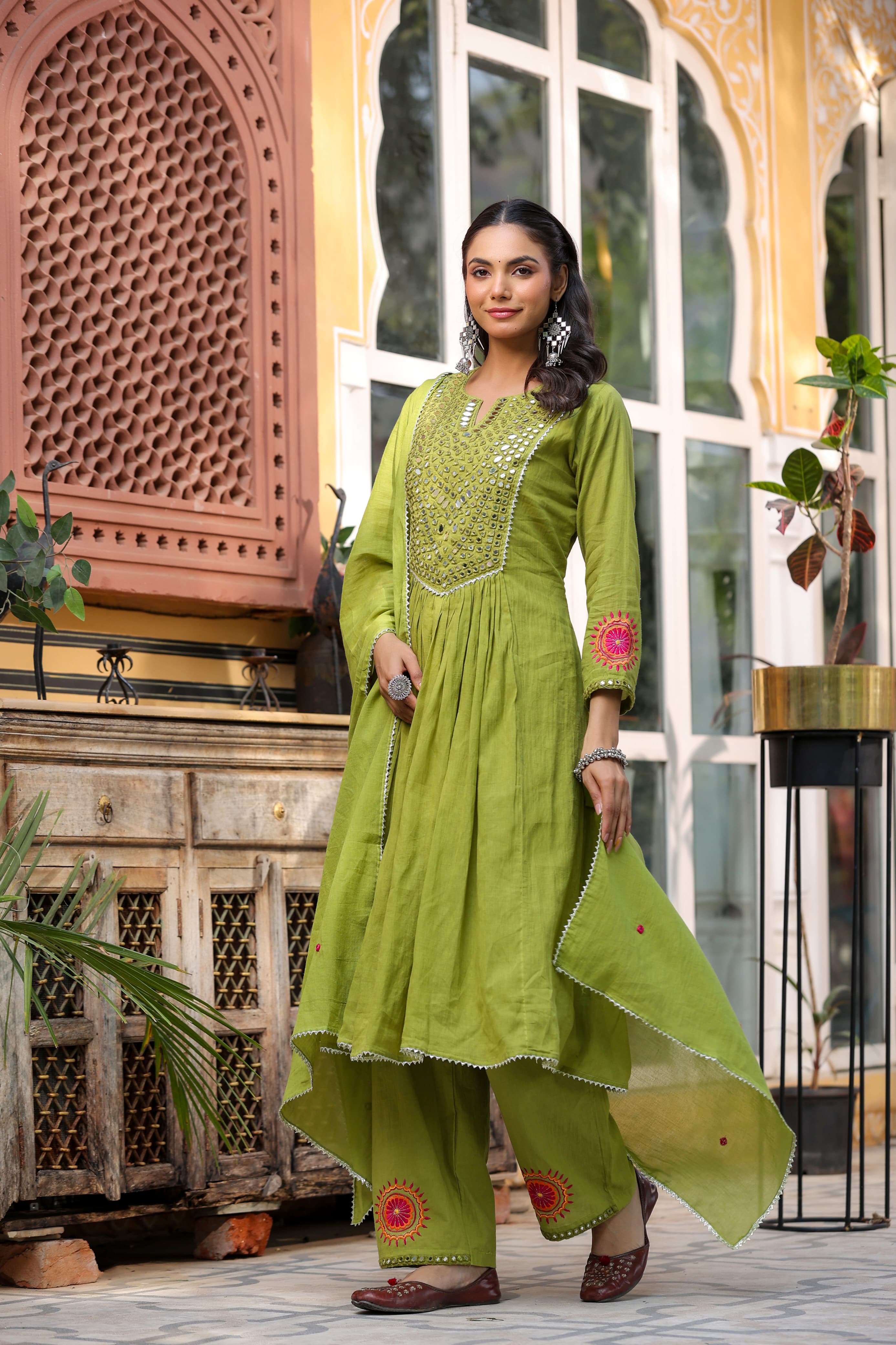Mehendi Green Mirror work cotton kurta set - Kajree 