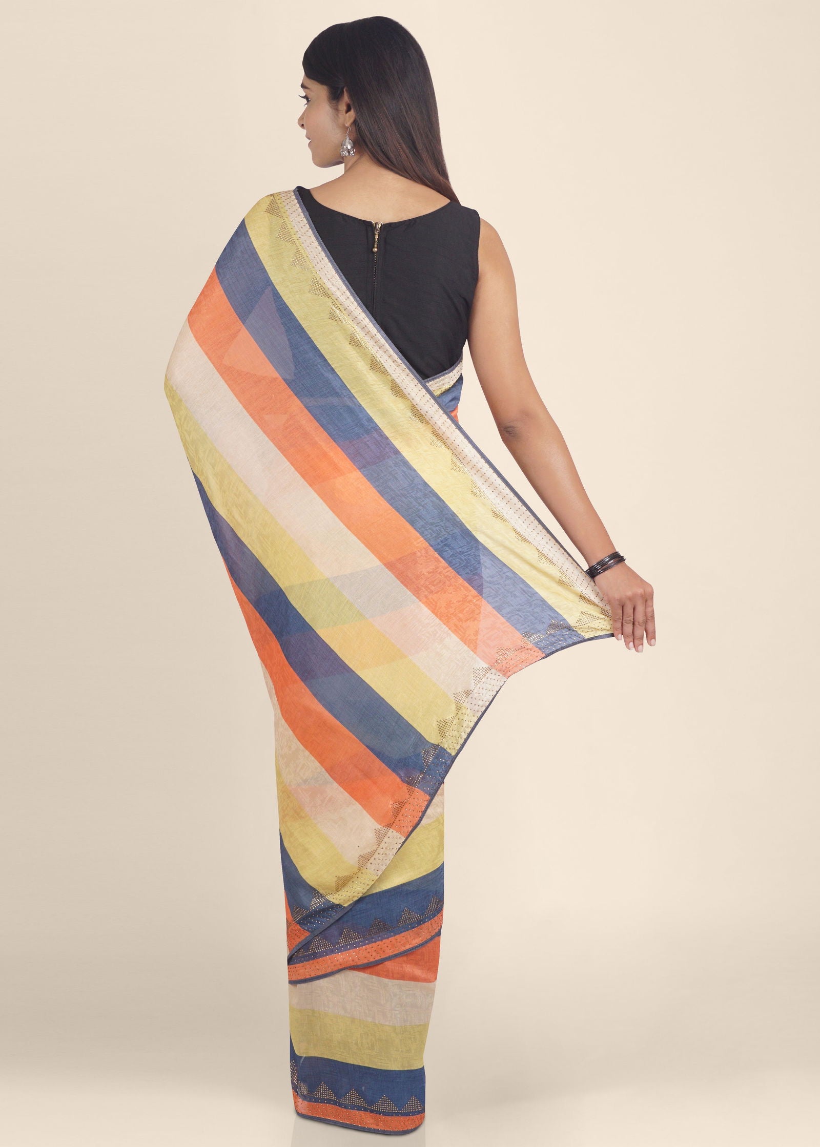 Multicoloured Blockprint Italian Crepe Saree - KAJREE