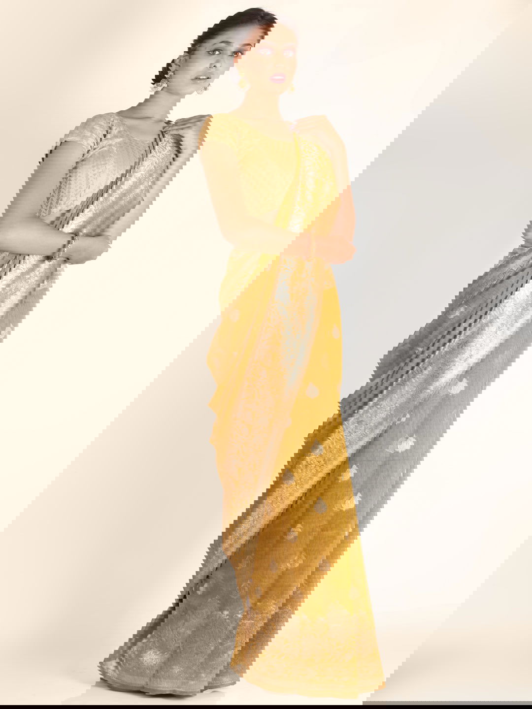 Mustard Foil Print Linen Saree - KAJREE