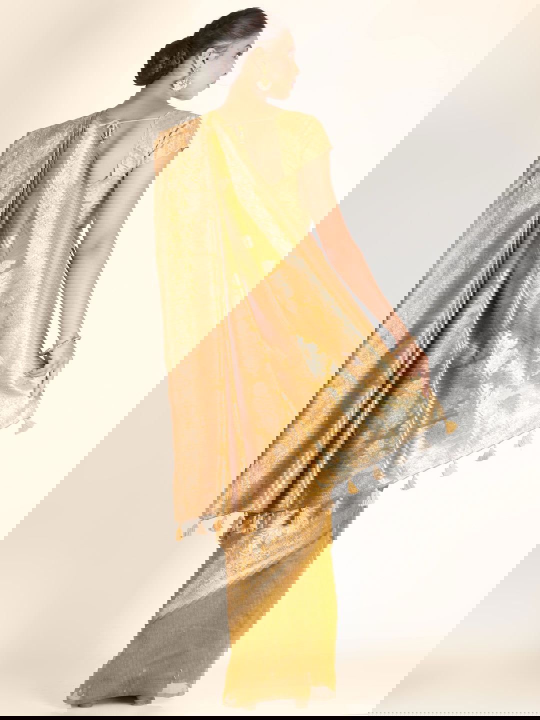 Mustard Foil Print Linen Saree - KAJREE