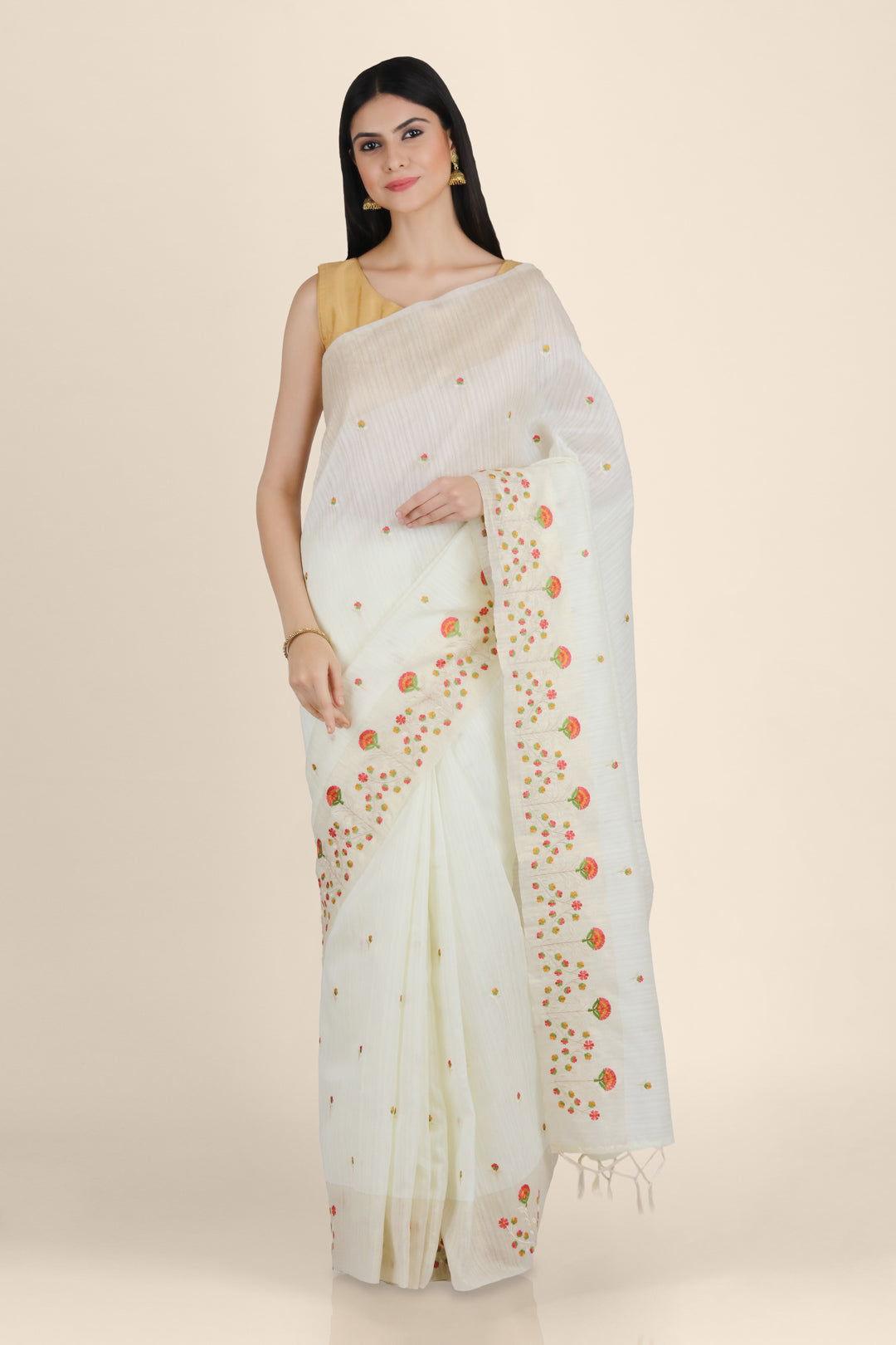 White Threadwork Tussar Silk Saree - KAJREE