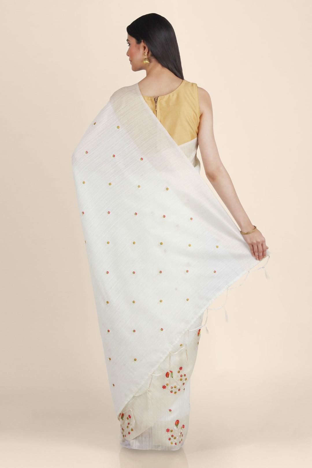 White Threadwork Tussar Silk Saree - KAJREE