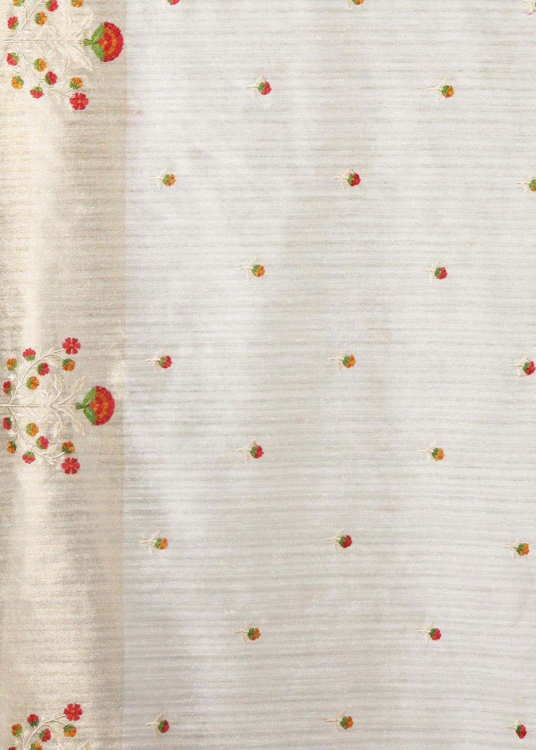 White Threadwork Tussar Silk Saree - KAJREE