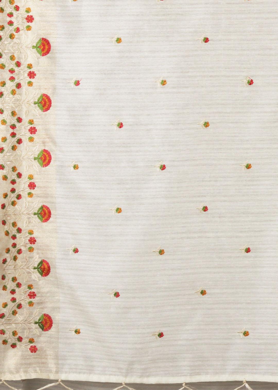 White Threadwork Tussar Silk Saree - KAJREE