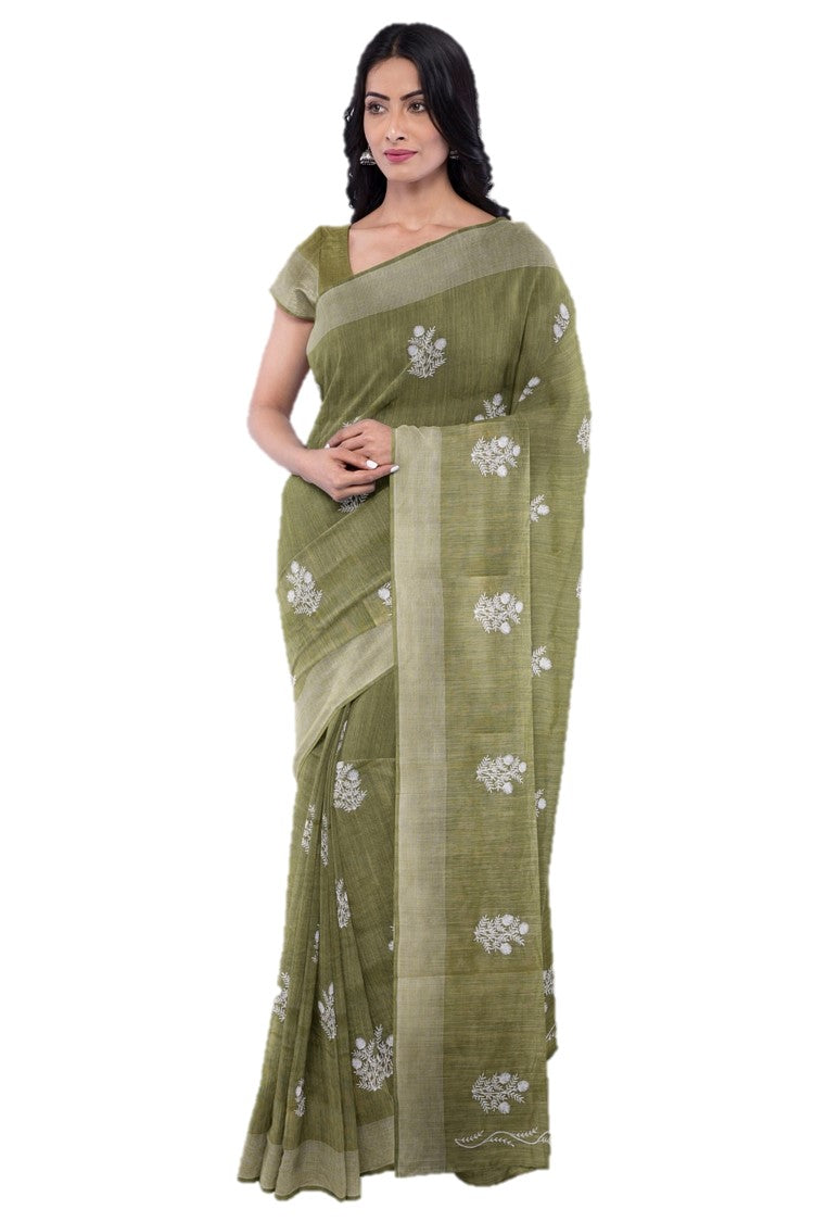Olive Green Threadwork Linen Saree - KAJREE