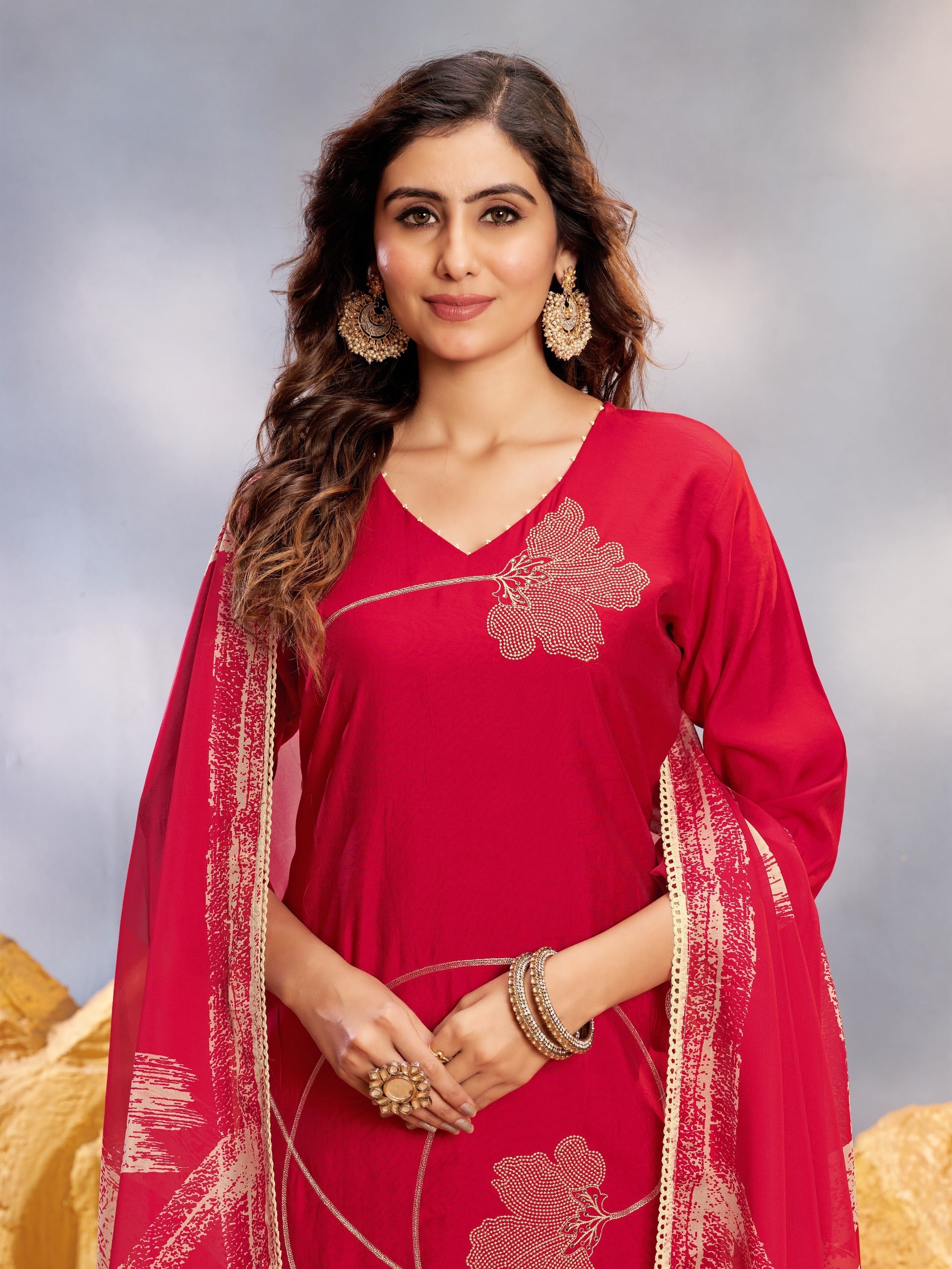 Red Cut Dana work Silk Kurta Set - KAJREE