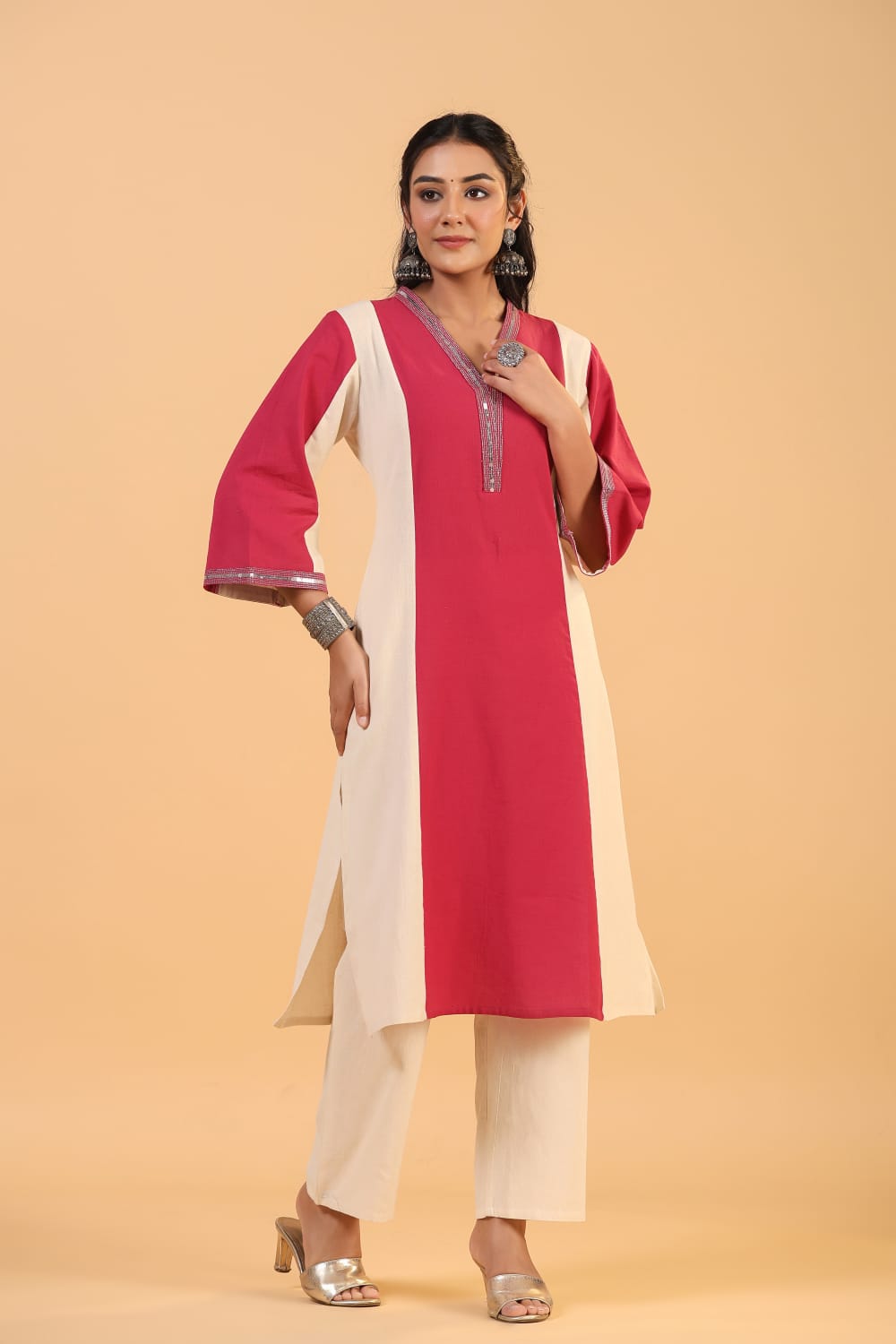 Pink Piping work Pure Cotton Co-ord Set - KAJREE