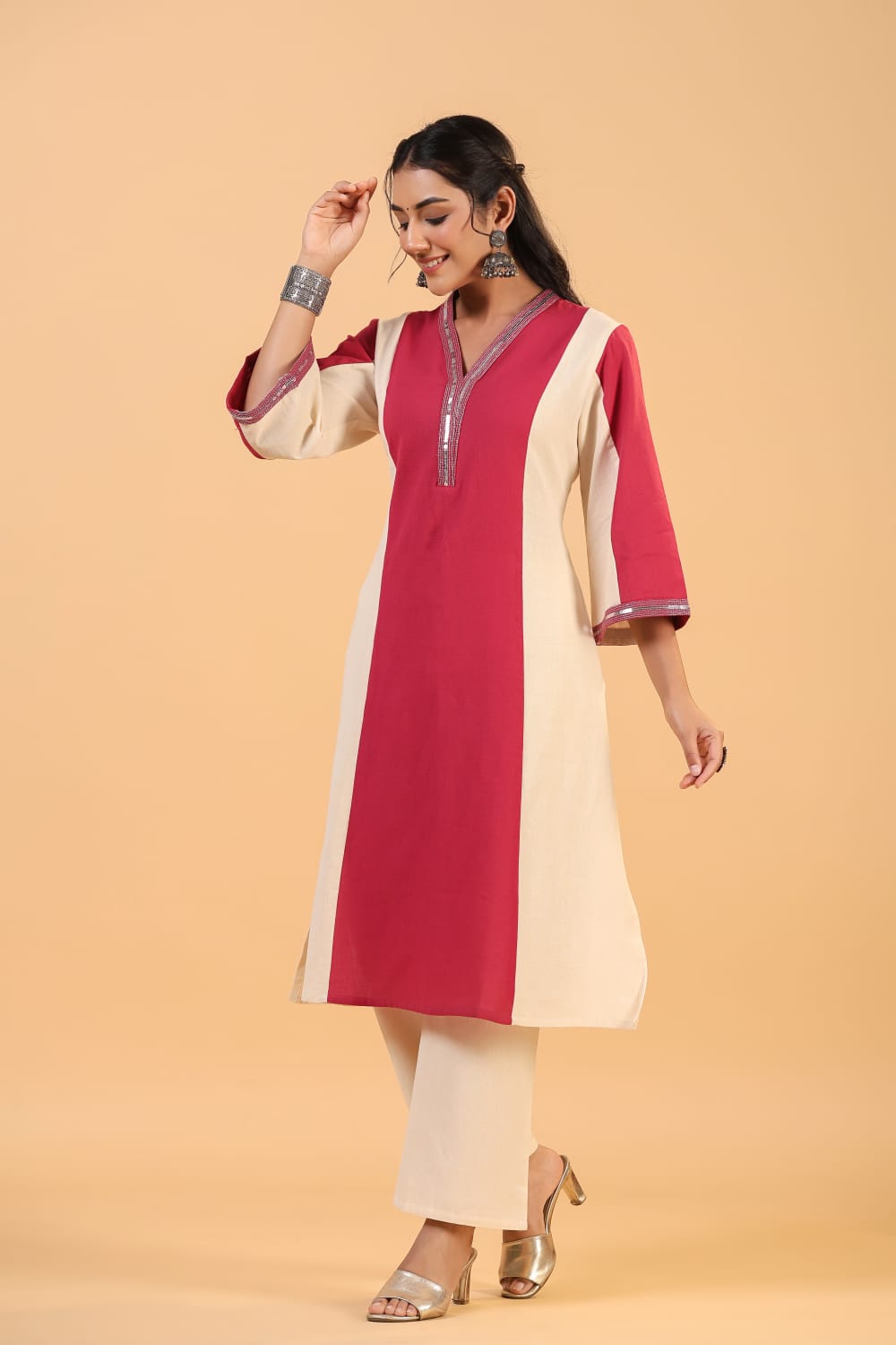 Pink Piping work Pure Cotton Co-ord Set - KAJREE