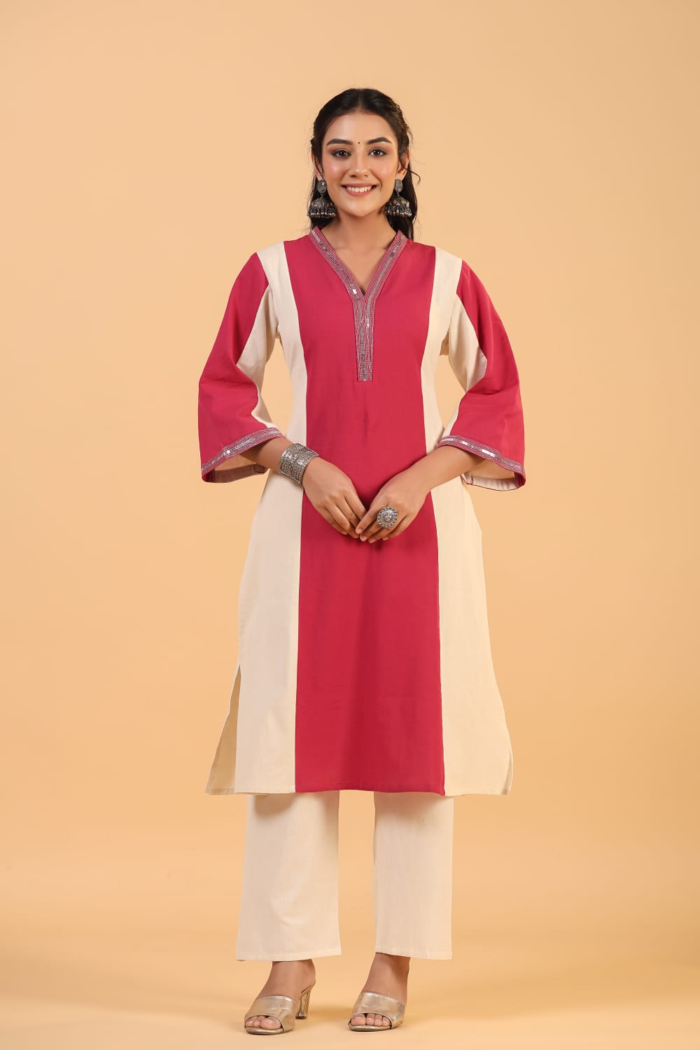 Pink Piping work Pure Cotton Co-ord Set - KAJREE