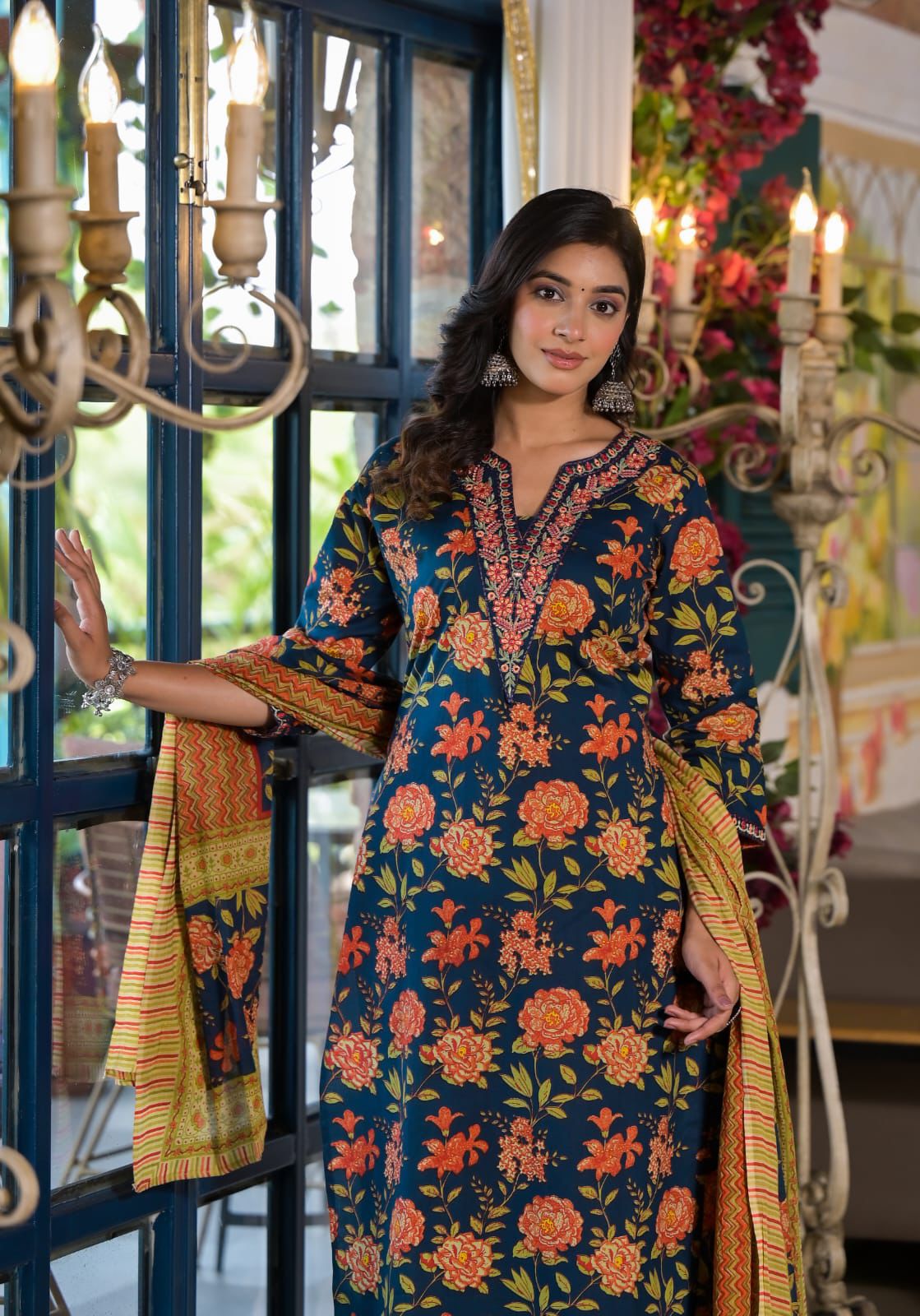 Navy Blue Block Printed Cotton Kurta Set - Kajree