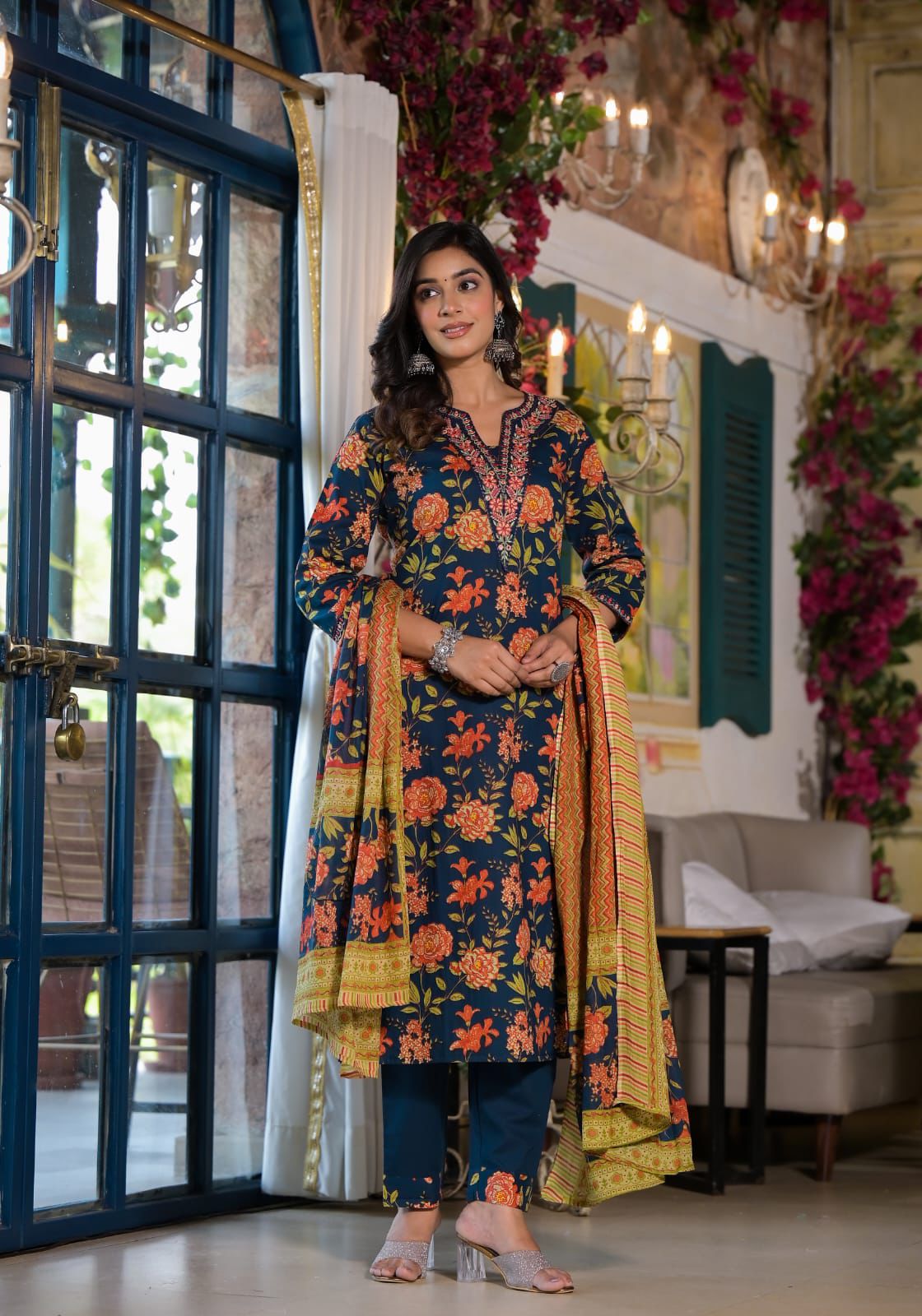 Navy Blue Block Printed Cotton Kurta Set - Kajree