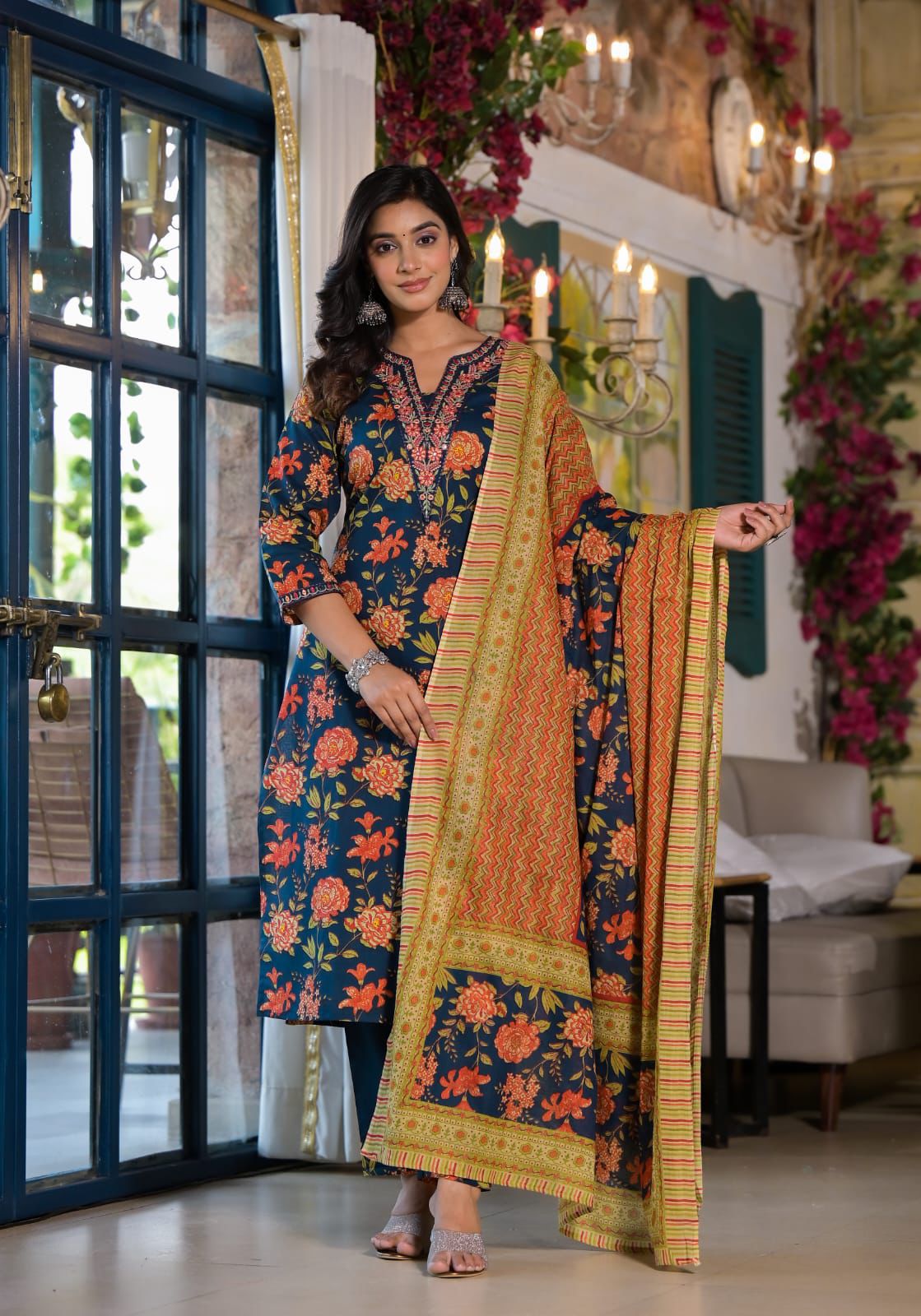 Navy Blue Block Printed Cotton Kurta Set - Kajree