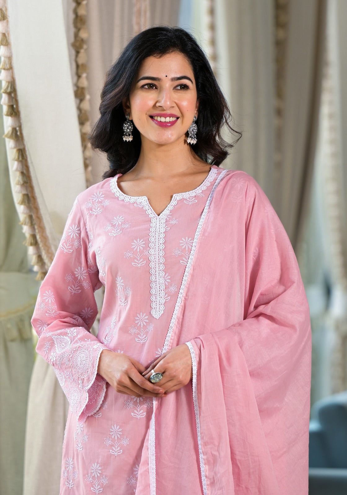 Pink Threadwork Cotton Kurta Set - Kajree