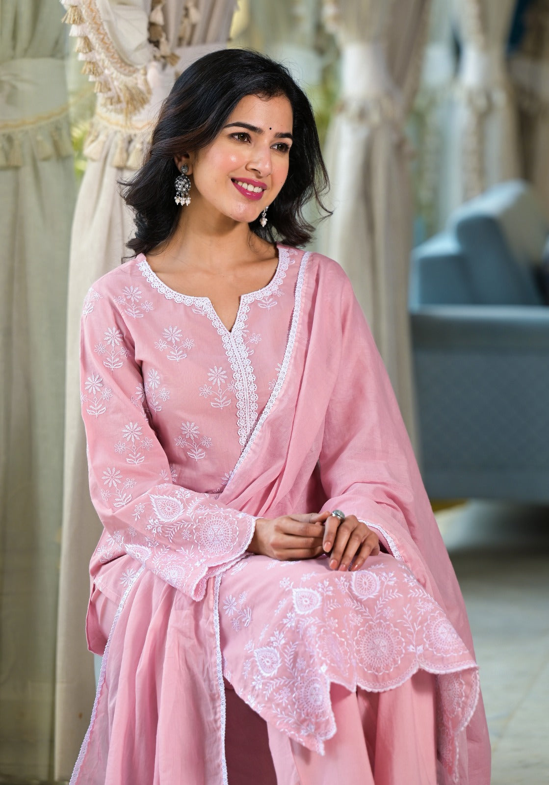 Pink Threadwork Cotton Kurta Set - Kajree