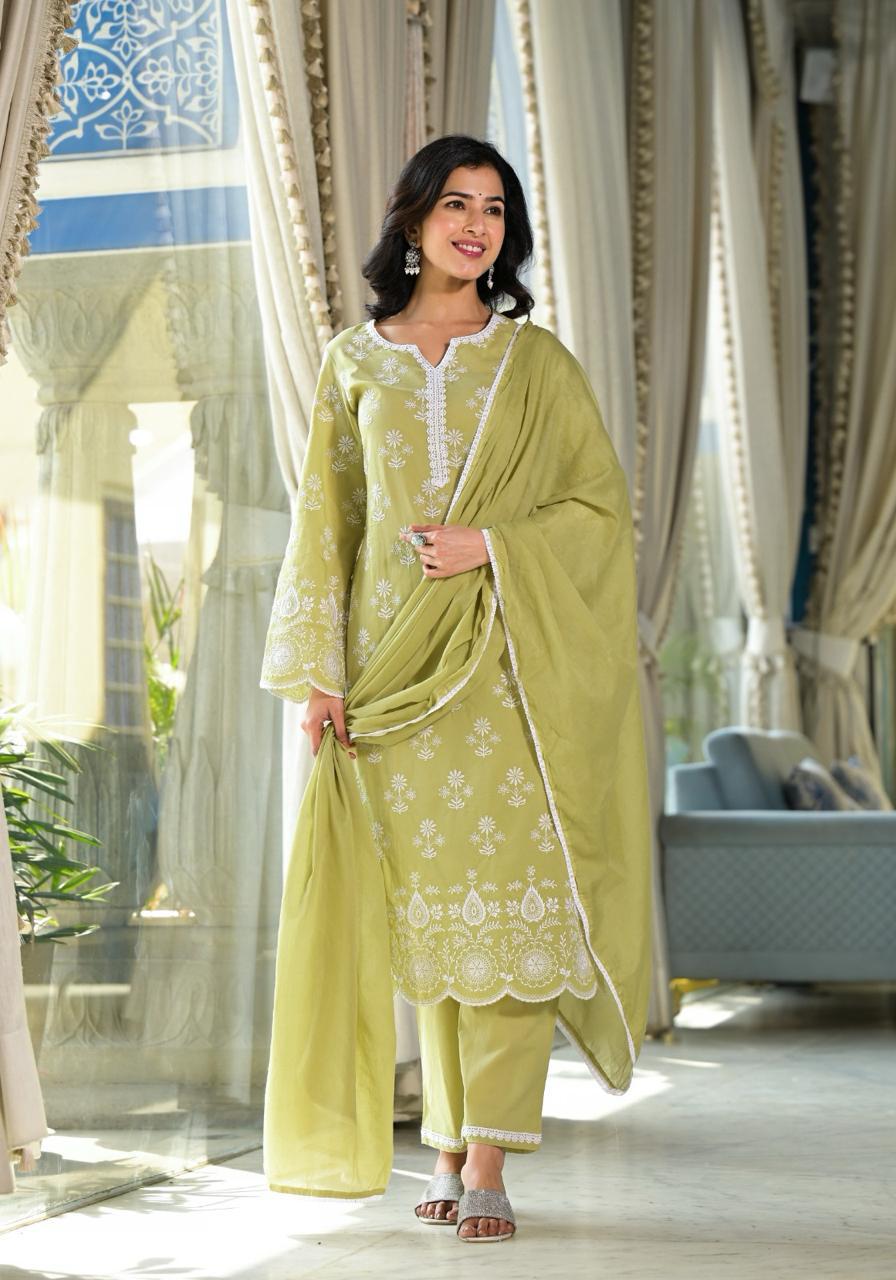 Olive green Threadwork Cotton Kurta Set 