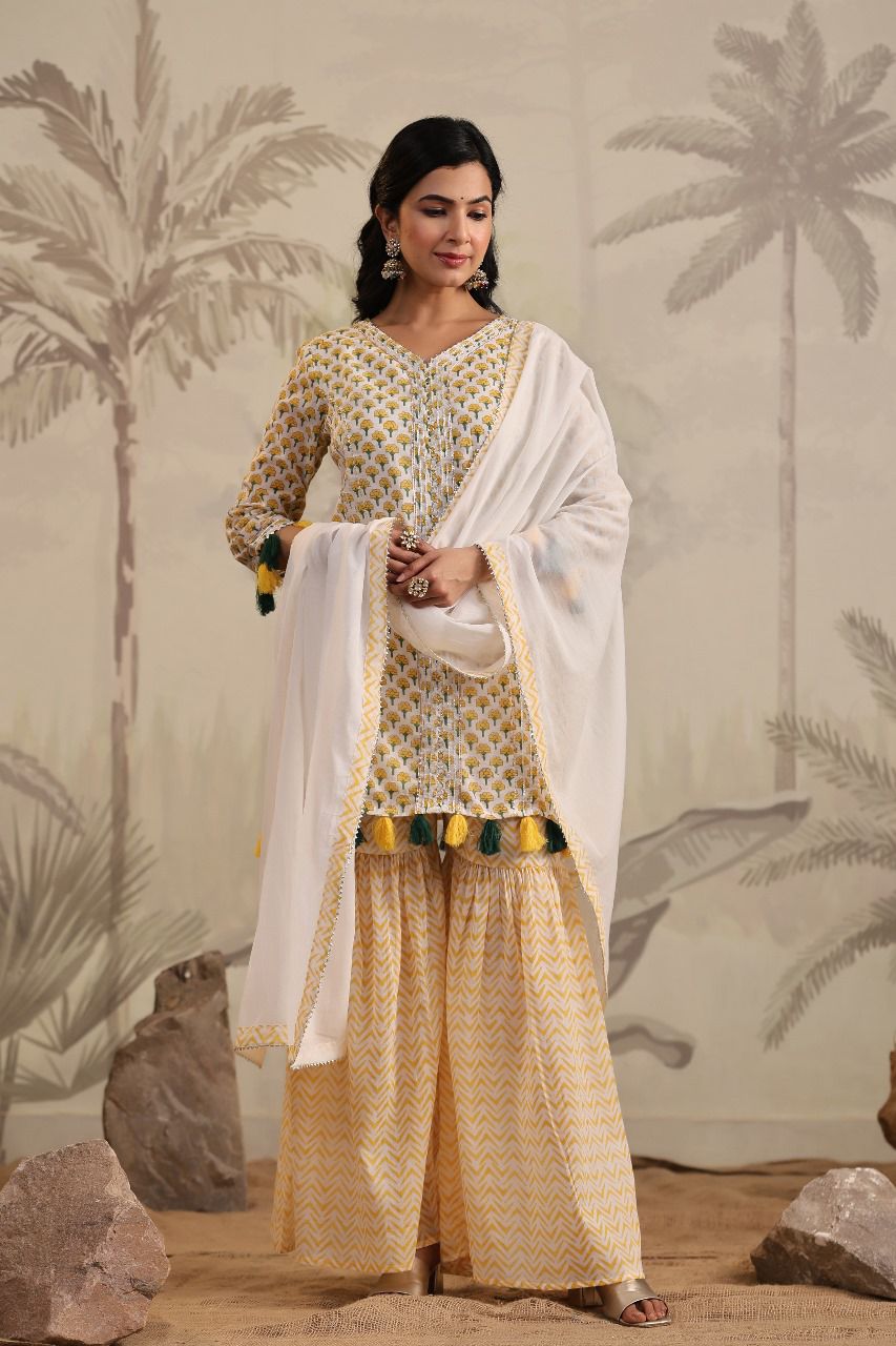 Yellow Gotta Patti Work Cotton Sharara Set 