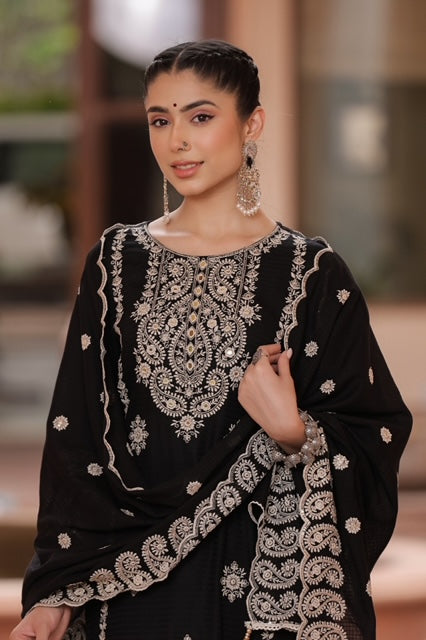 Black Thread and foil work Muslin Palazoo set - Kajree