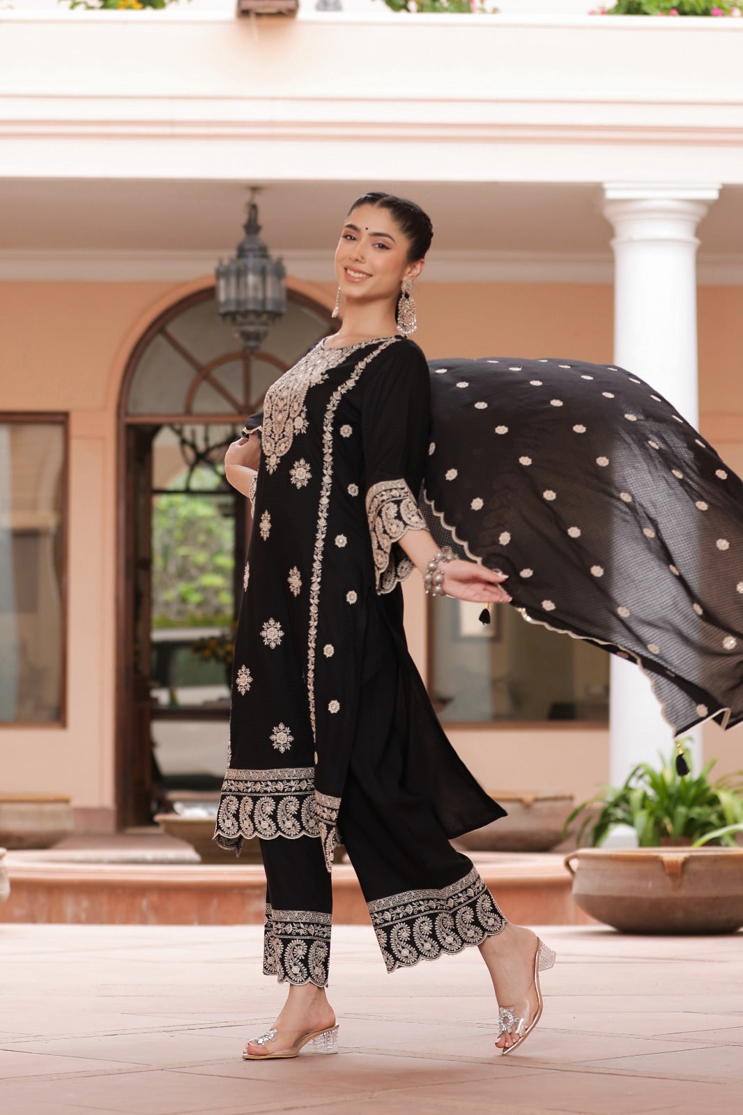Black Thread and foil work Muslin Palazoo set - Kajree