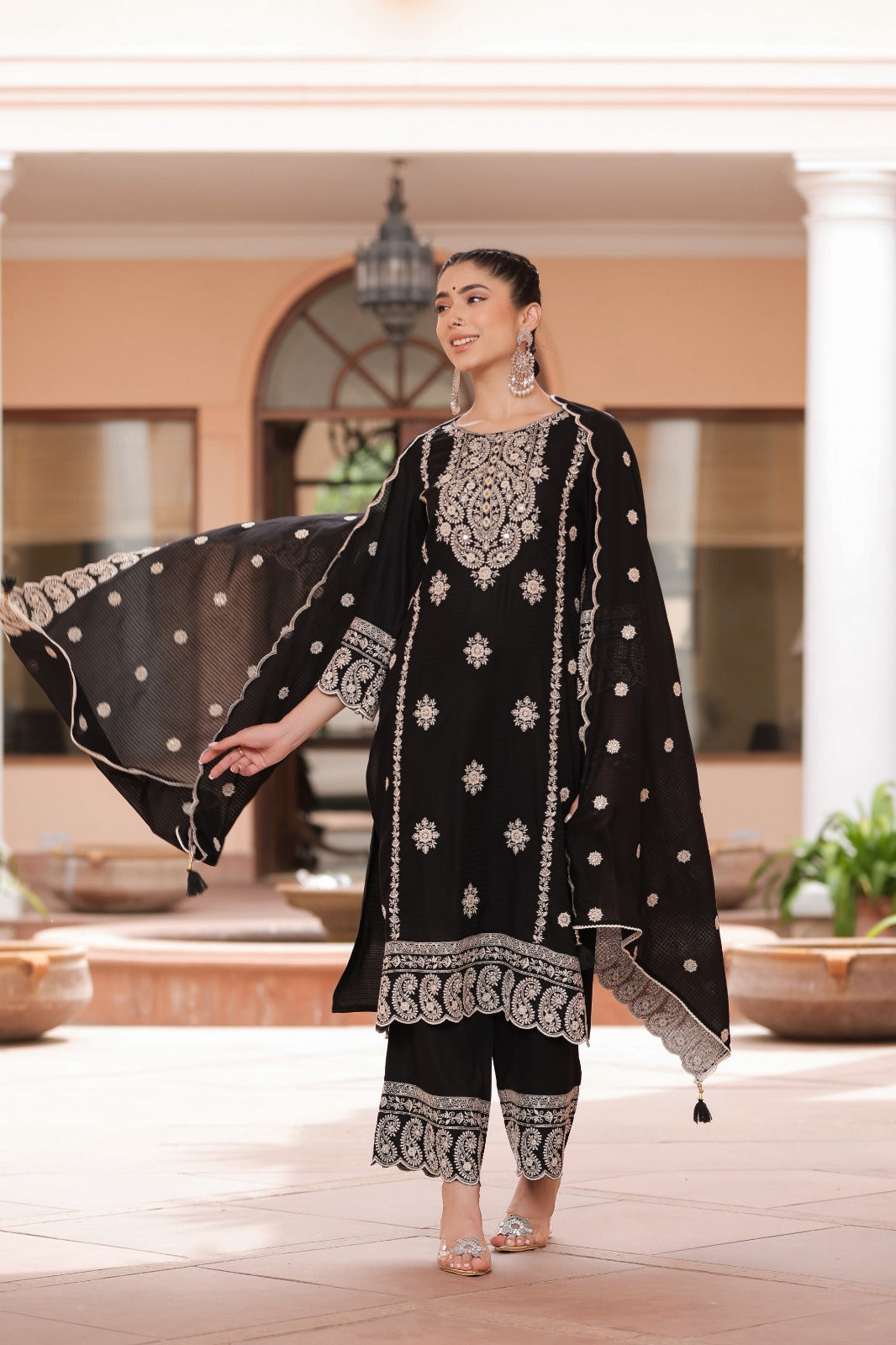 Black Thread and foil work Muslin Palazoo set - Kajree