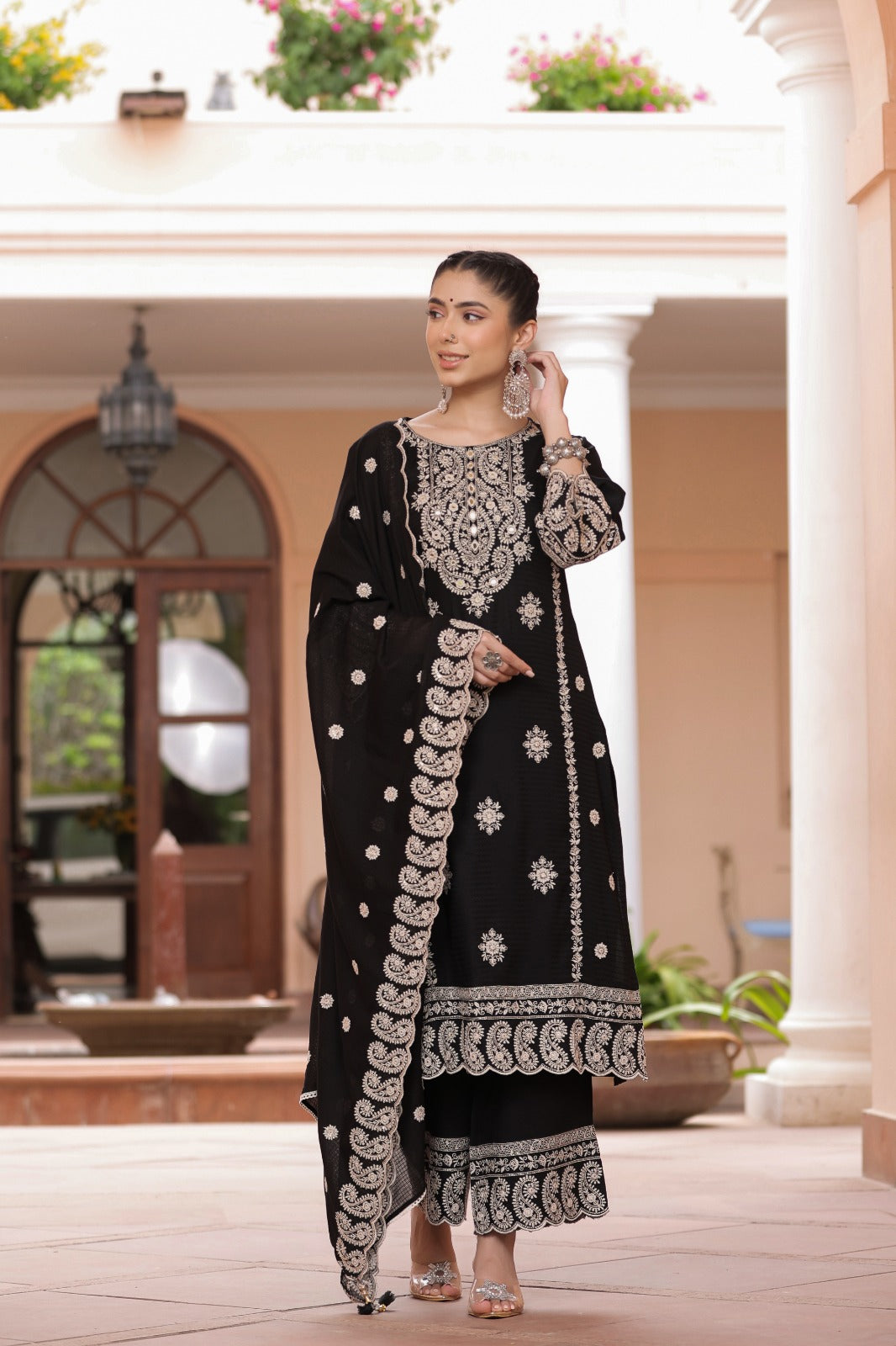 Black Thread and foil work Muslin Palazoo set - Kajree
