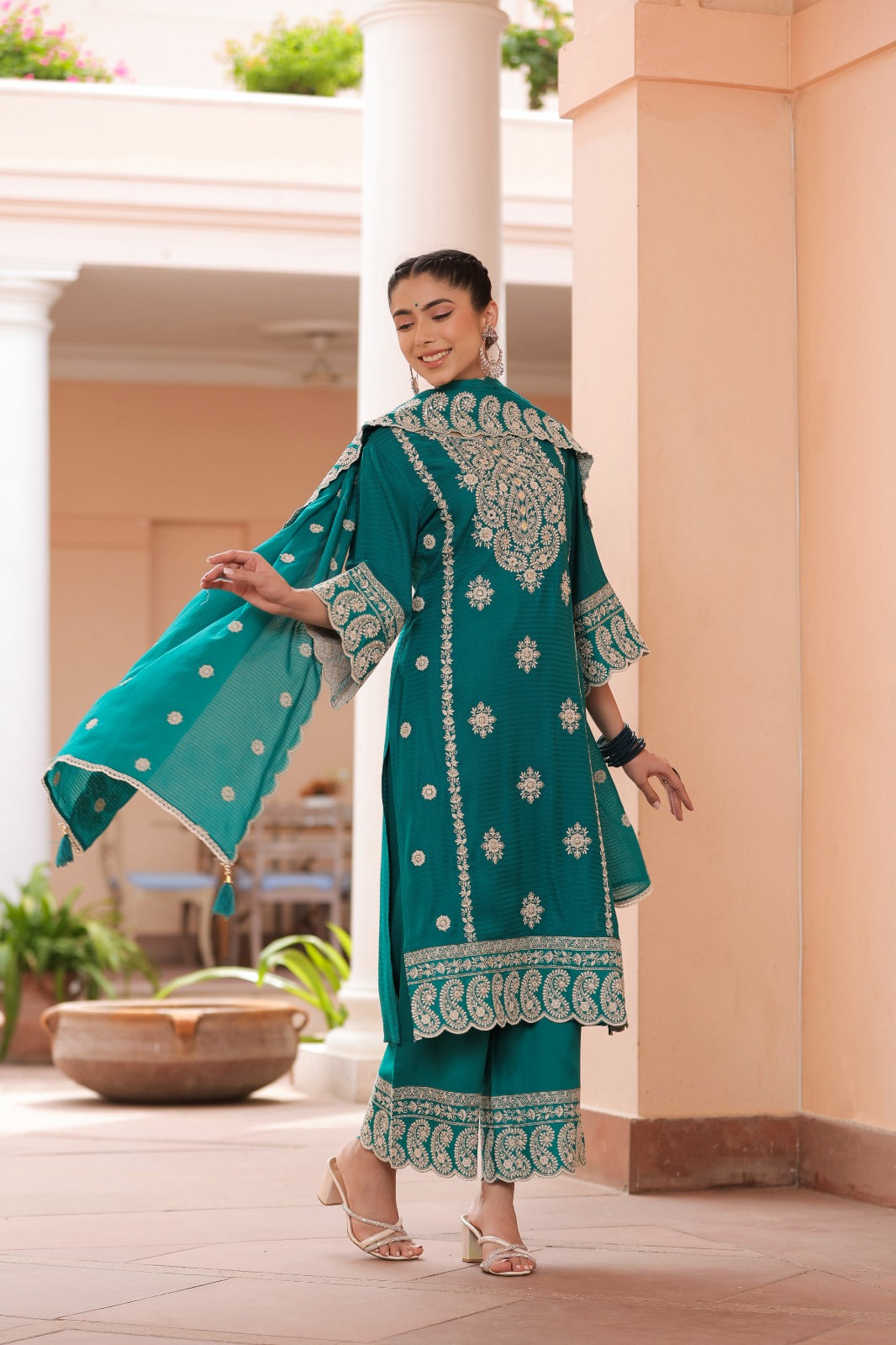 Rama Blue Thread and foil work Muslin Palazoo set - Kajree