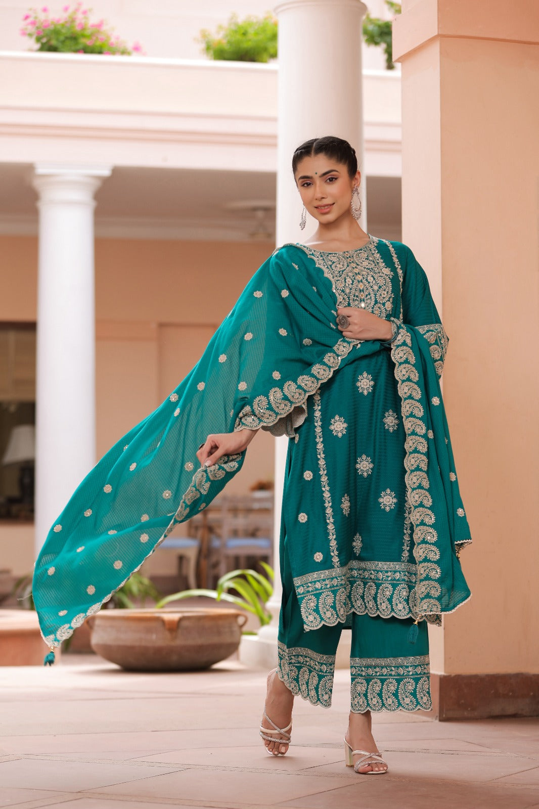 Rama Blue Thread and foil work Muslin Palazoo set - kajree