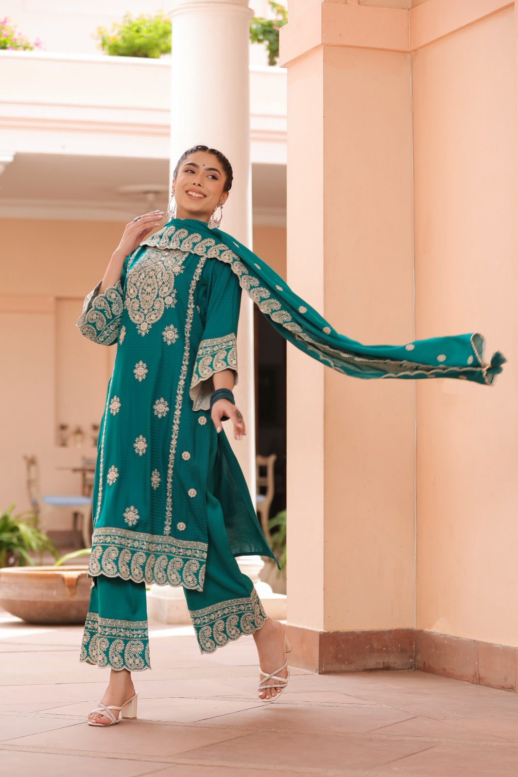 Rama Blue Thread and foil work Muslin Palazoo set - kajree