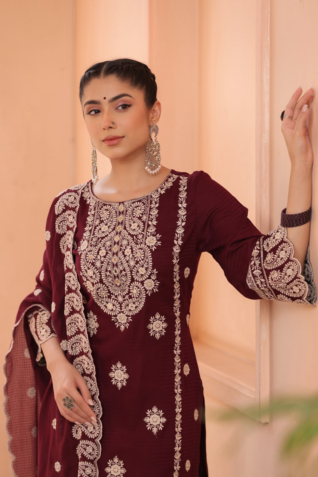 Maroon Thread and foil work Muslin Palazoo set - Kajree
