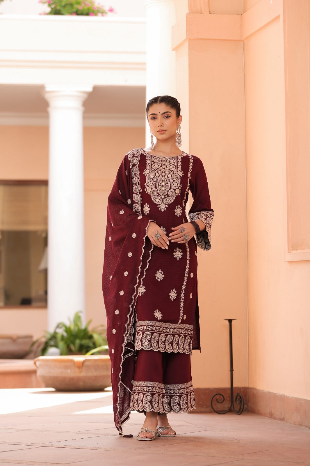 Maroon Thread and foil work Muslin Palazoo set - Kajree