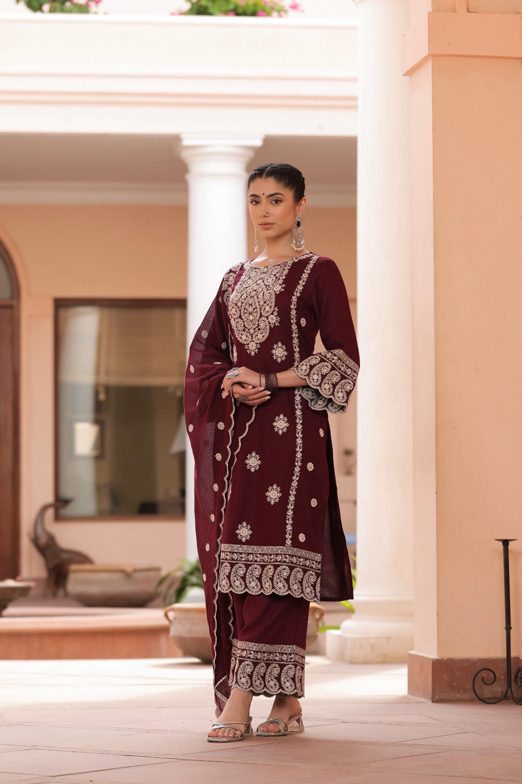Maroon Thread and foil work Muslin Palazoo set - Kajree