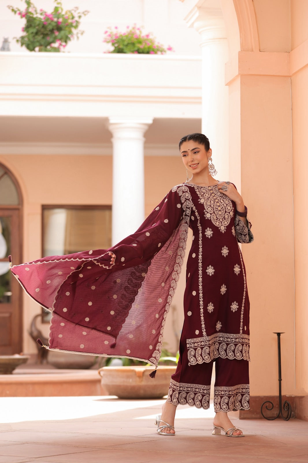 Maroon Thread and foil work Muslin Palazoo set - kajree