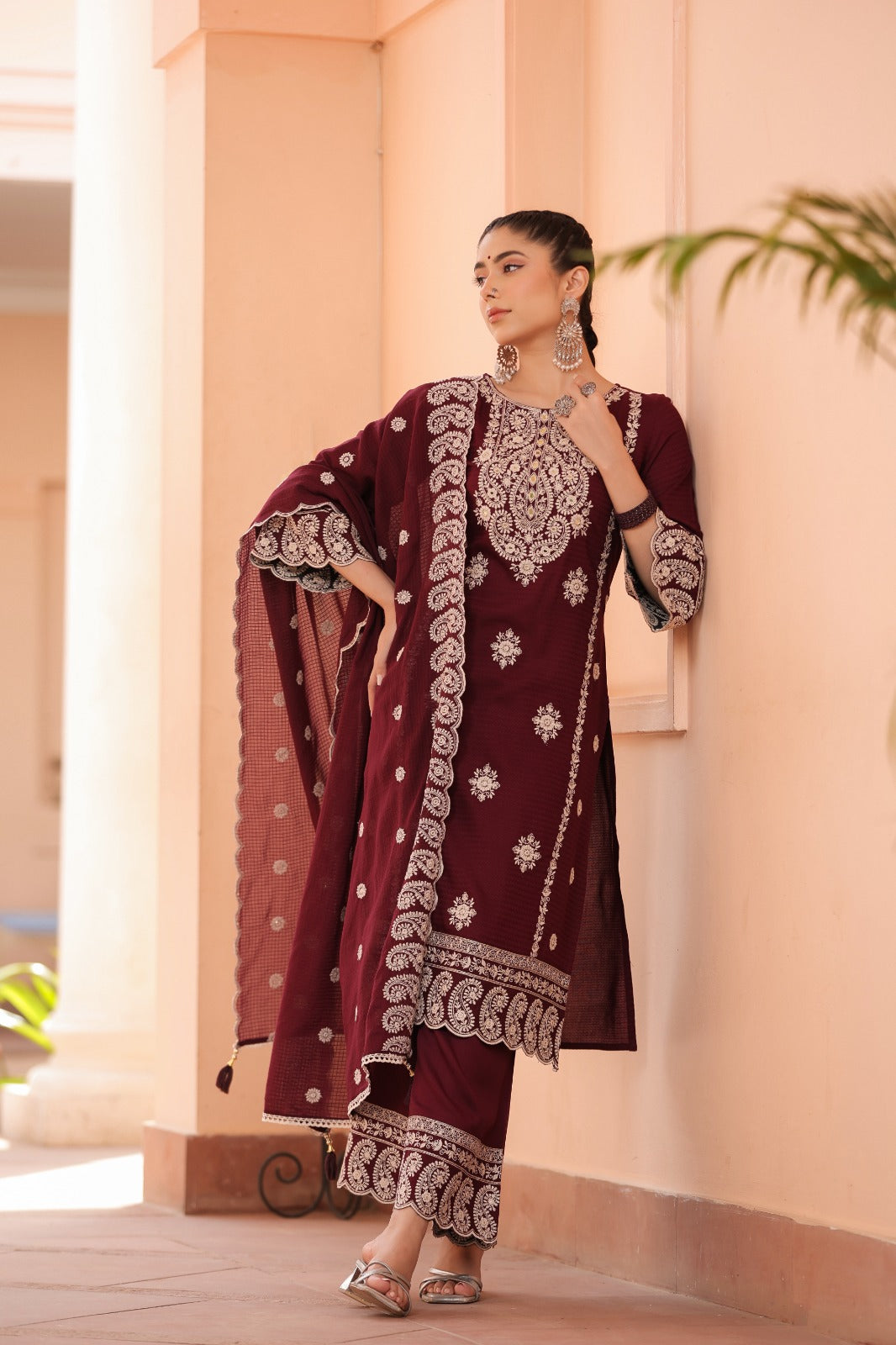 Maroon Thread and foil work Muslin Palazoo set - Kajree