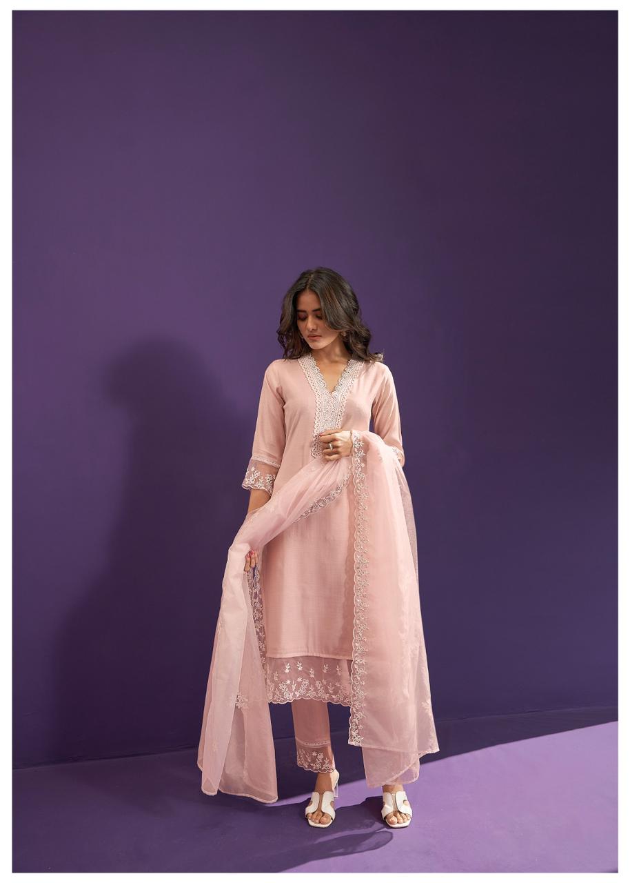 Baby Pink Threadwork Silk Kurta Set 